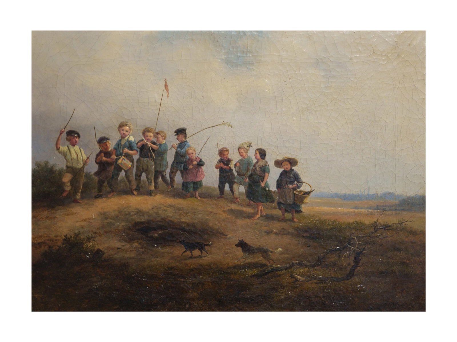 Painting "Children's procession playing soldiers", mid-19th century: Painting "Children's procession playing soldiers", mid-19th century"Children's procession playing soldiers", oil on canvas. Shown is a group of girls and boys with sticks and baskets on a hill, in the
