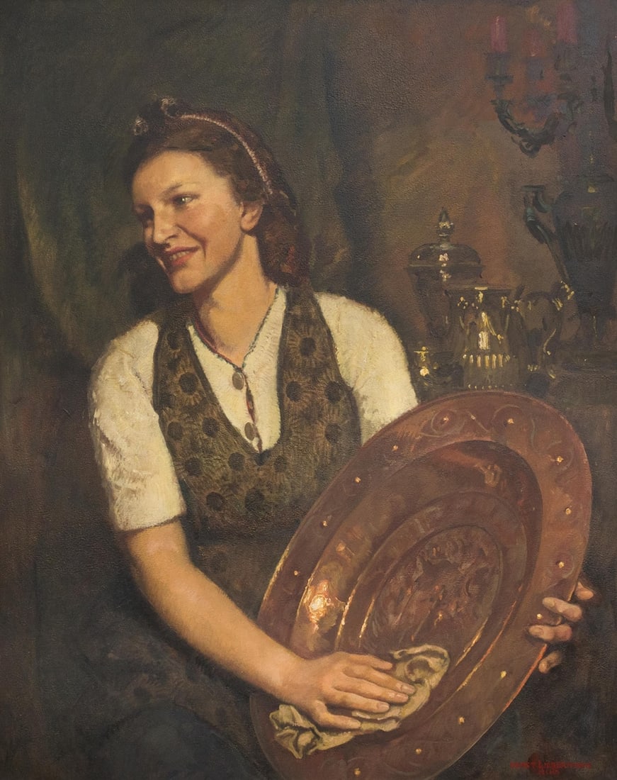 Ernst Liebermann, Lady with antiques, portrait oil/hard fibre, around 1930: Ernst Liebermann, Lady with antiques, portrait oil/hard fibre, around 1930Ernst Liebermann (1869 Langemüß - 1960 Beuerberg/Upper Bavaria). Impressive portrait of a young woman caring for ant