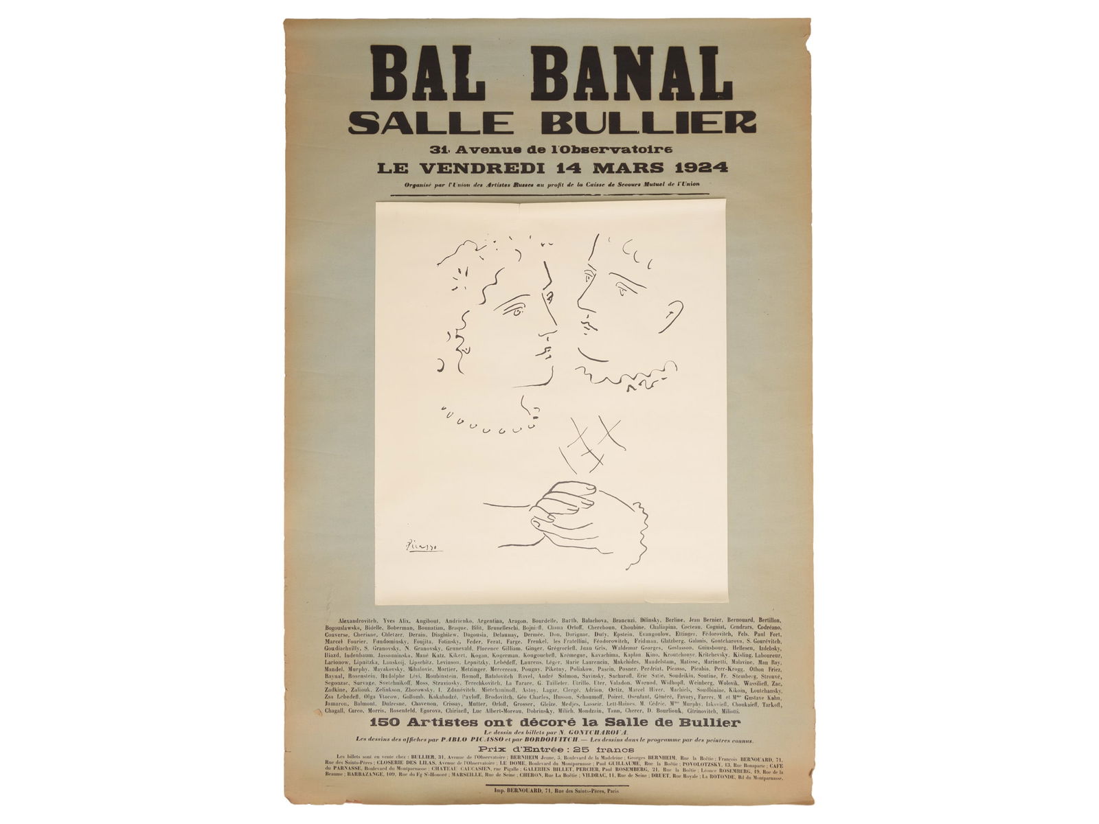 Pablo Picasso (1881-1973), Bal Banal poster, Paris 1924 (B+): Pablo Picasso (1881-1973), Bal Banal poster, Paris 1924 (B+)Pablo Picasso (1881-1973), rare advertising poster for the ‘Bal Banal’ on 14 March 1924 in Paris. Typographic poster, printed on