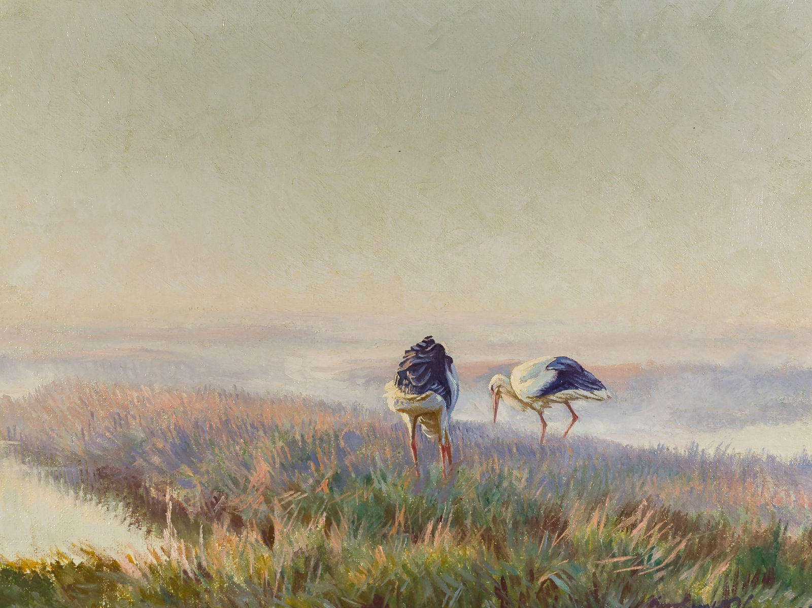 Karl Ewald Olszewski (1884-1965), painting, "Storks in the morning mist", around 1910 (1 of 3)