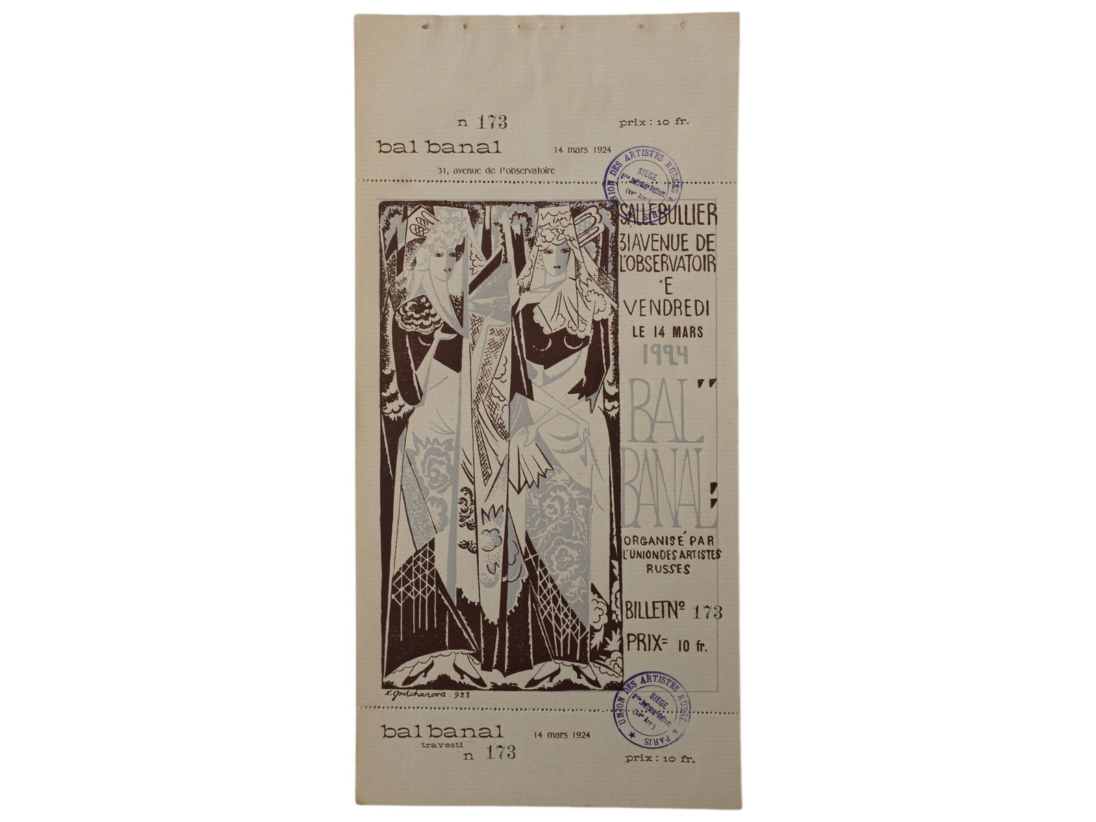 Natalia Gontcharova (1881-1962) Woodcut from wove paper, Paris 1923, Condition A+: Natalia Gontcharova (1881-1962) Woodcut from wove paper, Paris 1923, Condition A+Natalia Gontcharova (1881-1962), woodcut "Spanish Dancer" on wove paper, signed in the print. Ticket for the Bal Banal,