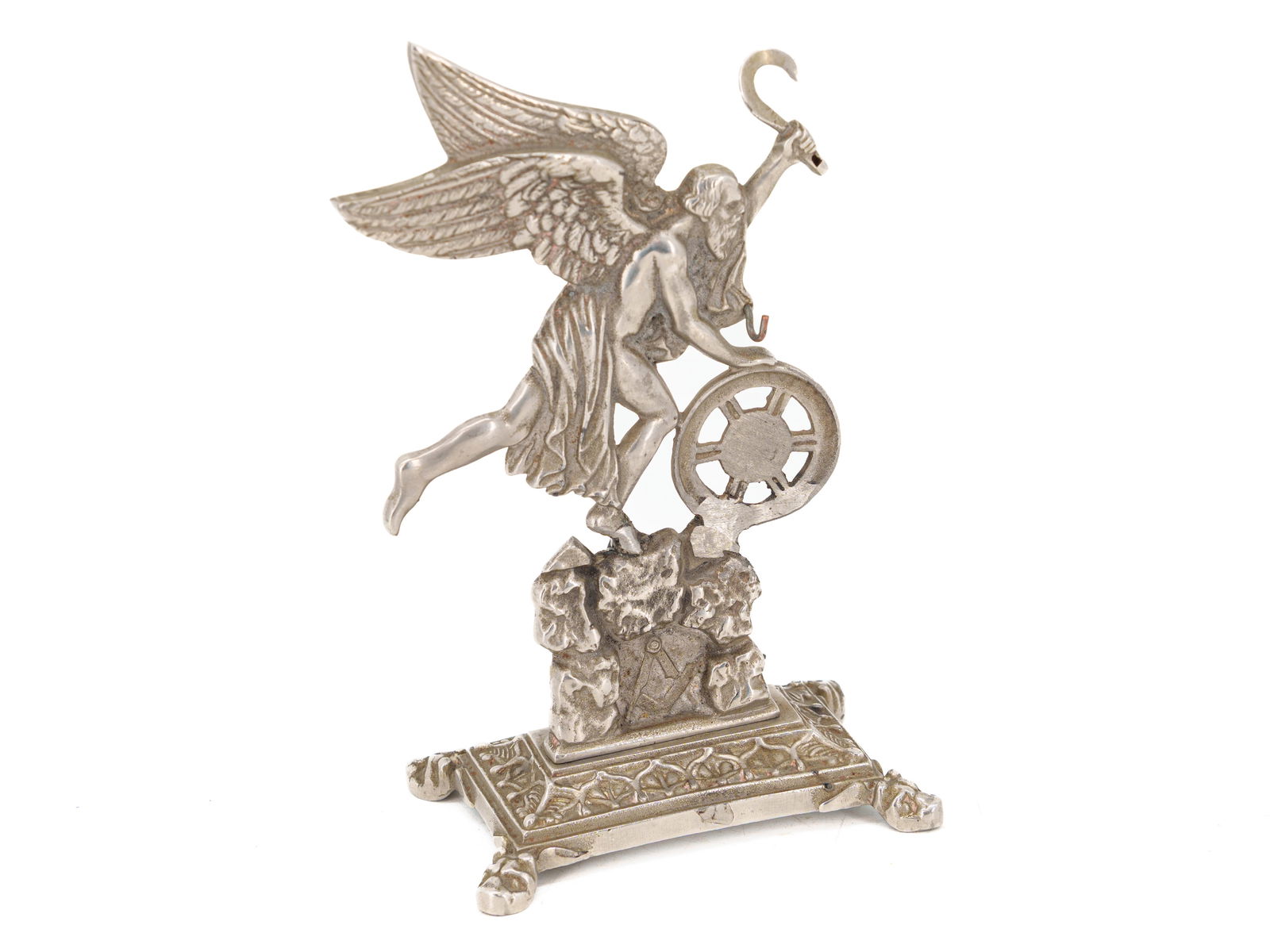 Masonic statuette Chronos, watch stand, tin, around 1900: Masonic statuette Chronos, watch stand, tin, around 1900Statuette of Chronos, designed as a pocket watch stand made of cast pewter, with a small hook above the wheel. Masonic symbolism embedded in the