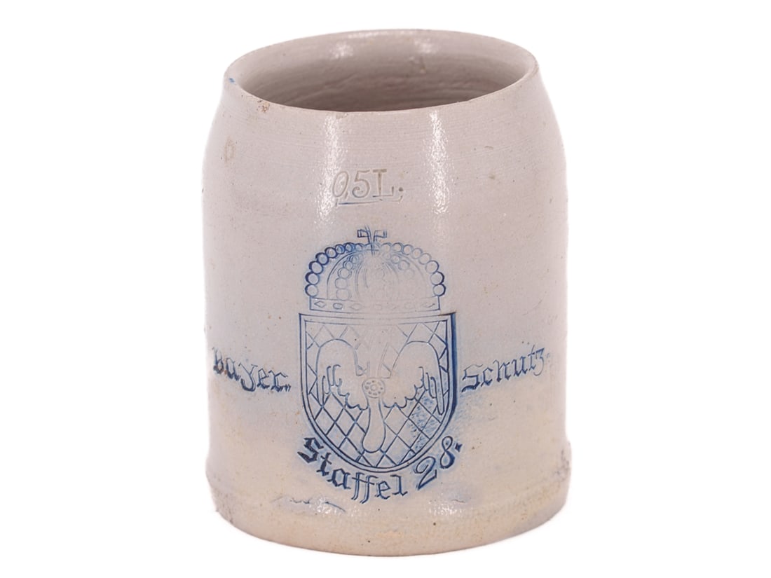 Beer mug ‘Bayrische Schutz-Staffel 28’ (Bavarian Protection Squadron 28), Germany, circa: Beer mug ‘Bayrische Schutz-Staffel 28’ (Bavarian Protection Squadron 28), Germany, circa 1917Rare beer mug with coat of arms and inscription ‘Bayer. Schutz-Staffel 28’ (Bavaria