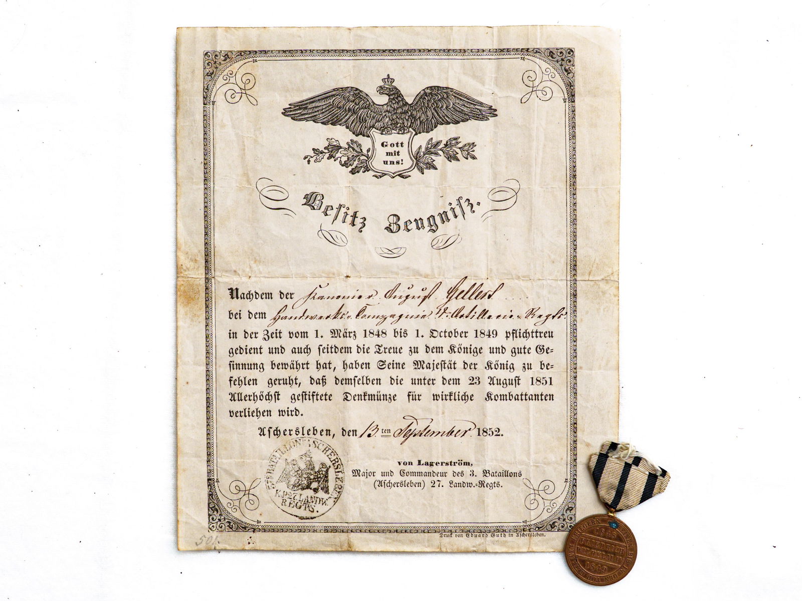 Hohenzollern commemorative medal for combatants 1848-1849, with certificate of award, 1852 (1 of 4)