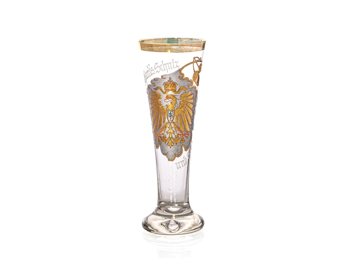 Patriotic Beer Glass, German Empire, circa 1900: Patriotic Beer Glass, German Empire, circa 1900Patriotic beer glass from the time of the German Empire with partial enamel decoration. It depicts the Prussian imperial eagle beneath the crown. Above a