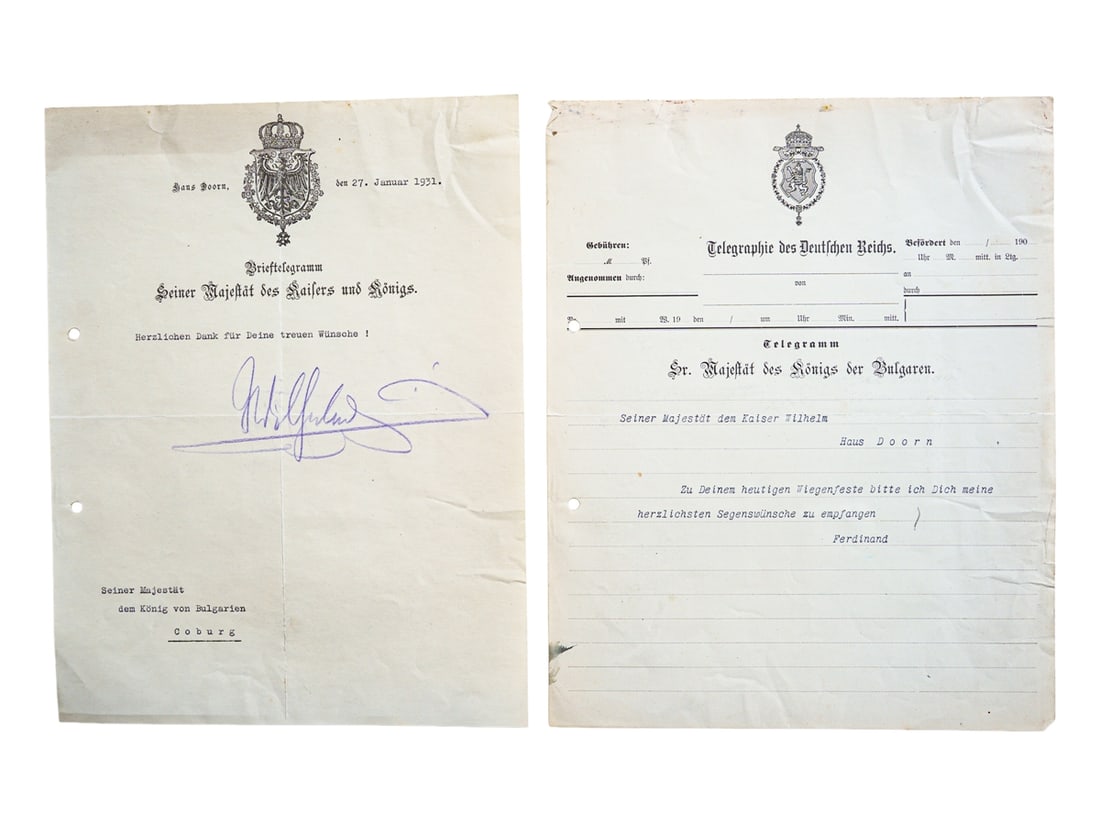 Two letters with autograph of Emperor Wilhelm II, Haus Doorn 1931: Two letters with autograph of Emperor Wilhelm II, Haus Doorn 1931Telegram exchange between Emperor Wilhelm II, living in exile, and Ferdinand I of Bulgaria on the occasion of Wilhelm II's birthday, da
