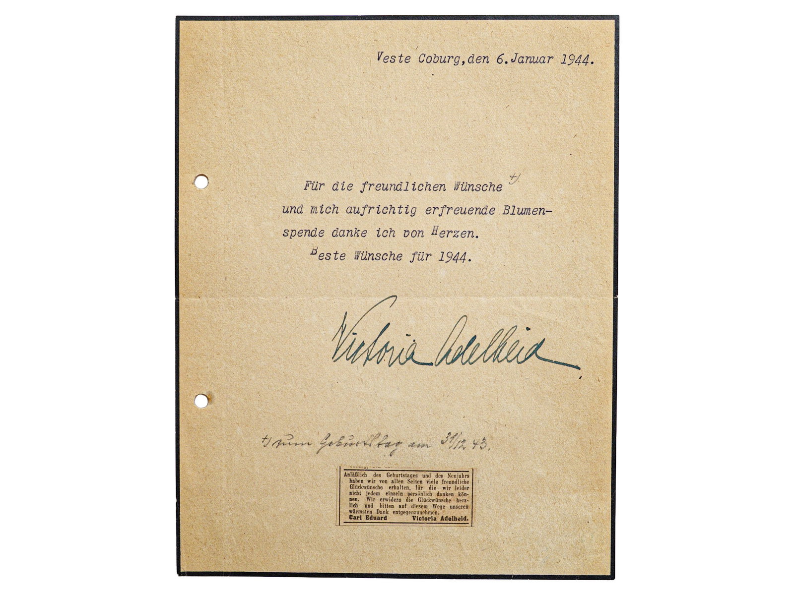 Letter with autograph by Princess Viktoria Adelheid of Schleswig-Holstein-Sonderburg-Glücksburg: Letter with autograph by Princess Viktoria Adelheid of Schleswig-Holstein-Sonderburg-Glücksburg (1885-1970), Veste Coburg 1944Typewritten letter of thanks from the princess, dated ‘Veste Co