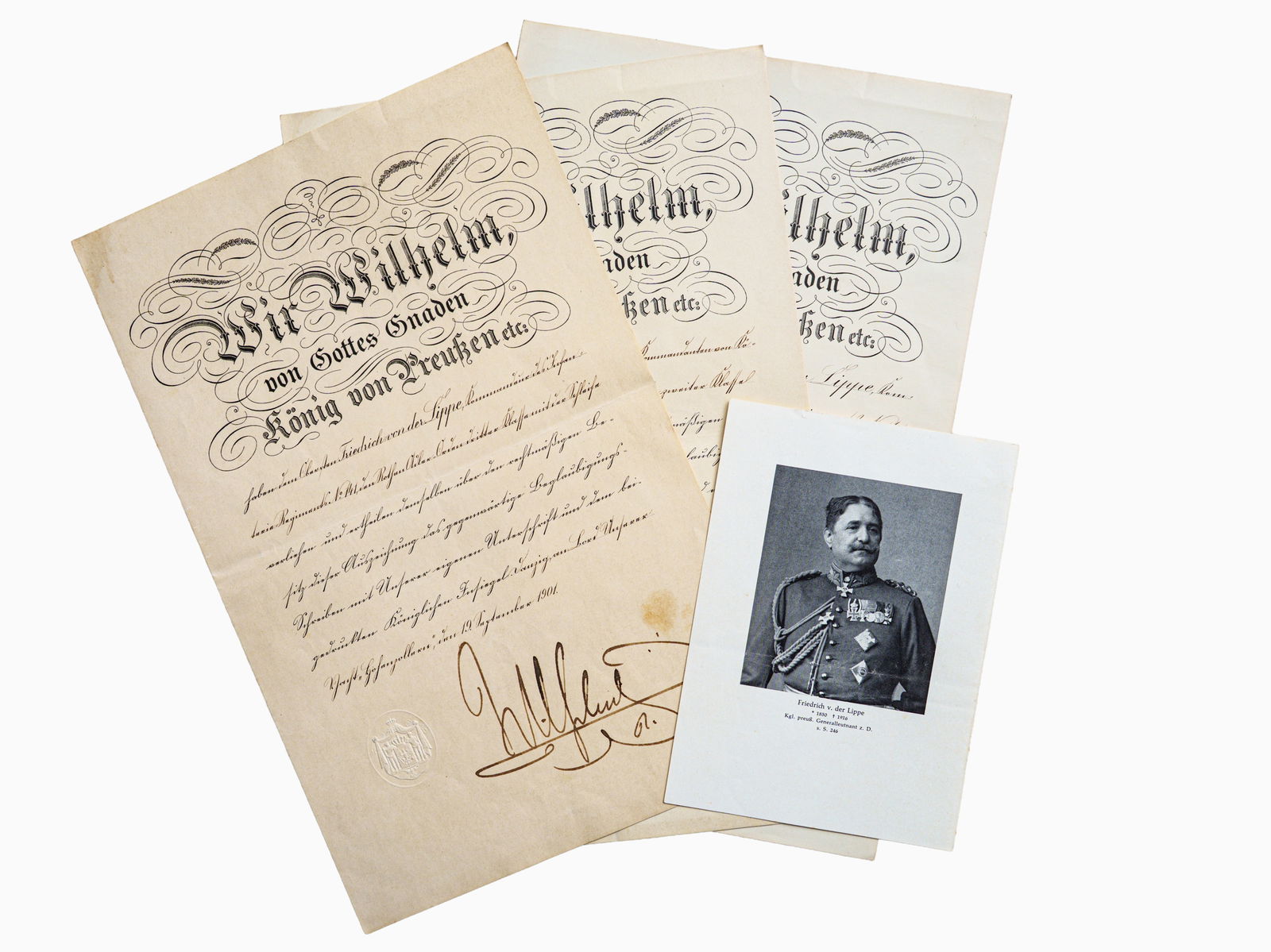 Three certificates of award with autographs of Emperor Wilhelm II (1859-1941) for Lieutenant General (1 of 8)