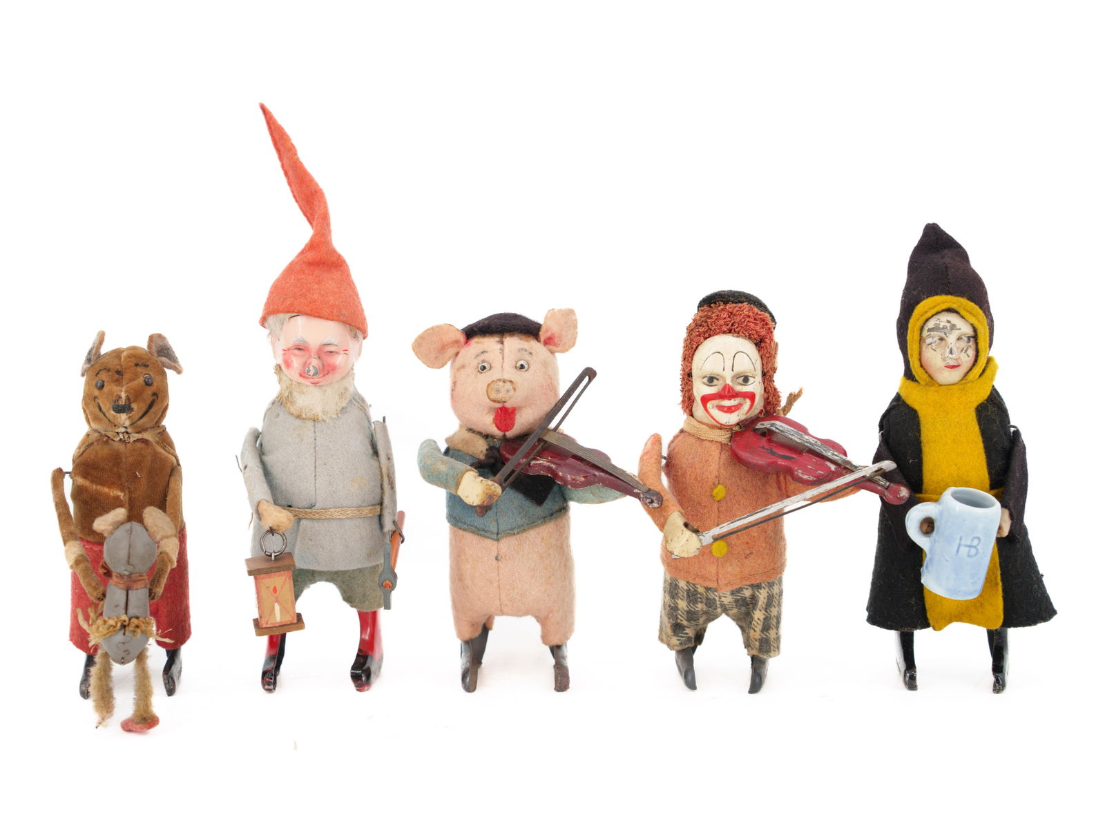 Five Schuco dancing figures, pig, dwarf, tin, felt, toy figures (1 of 4)