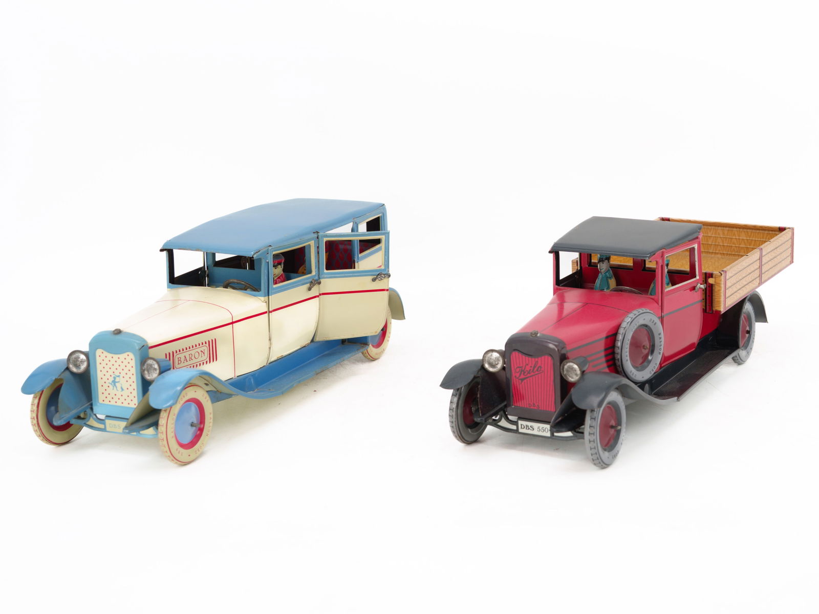 Set of two tin toy cars from DBS, Baron 540 and flatbed truck No. 550 (1 of 4)