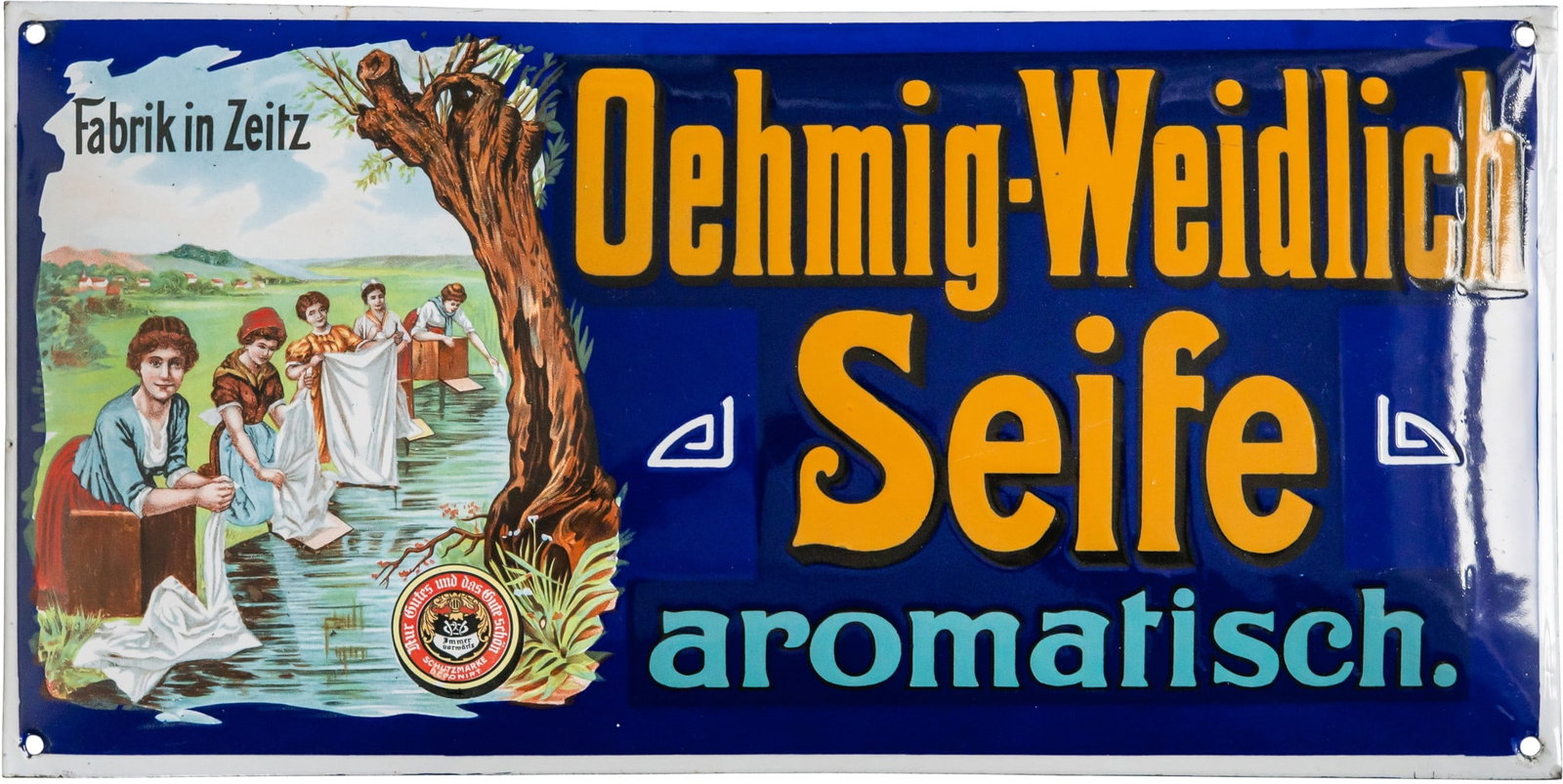 Oehmig-Weidlich soap enamel sign, in pristine condition! Zeitz, c. 1910 (1+): Oehmig-Weidlich soap enamel sign, in pristine condition! Zeitz, c. 1910 (1+) Enamel sign, domed, with stenciled enamel work and fine lithography. We are kicking off this auction with a real gem. It is