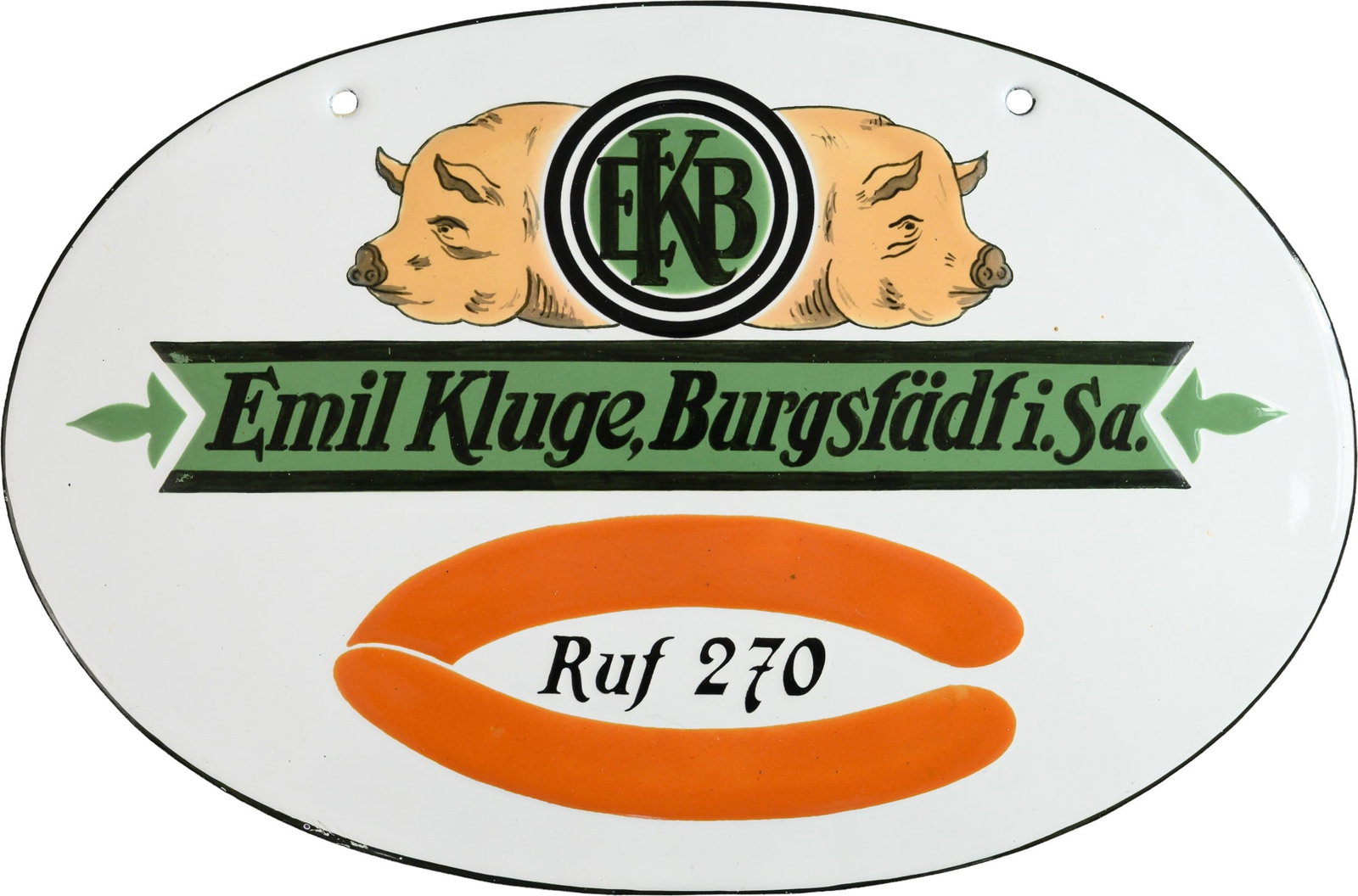 Enamel sign by Emil Kluge, sausages, butcher, icing, Burgstädt in Saxony, circa 1910 (1+): Enamel sign by Emil Kluge, sausages, butcher, icing, Burgstädt in Saxony, circa 1910 (1+)Emil Kluge enamel sign, convex, very heavy weight, stenciled enamel, partly very raised, icing-like, filled, l