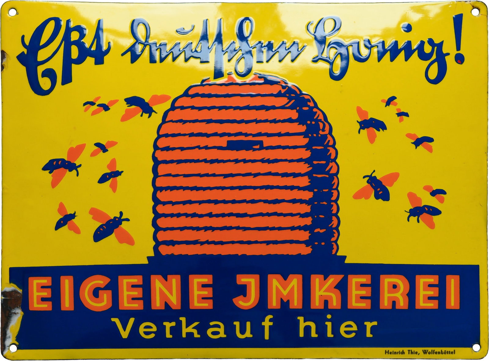 Enamel sign for a private apiary: ‘Eat German honey!’, c. 1920 (1-): Enamel sign for a private apiary: "Eat German honey!", c. 1920 (1-)Enamel sign, domed, with raised stenciled enamel work. A charming depiction of a beehive against a honey-yellow background, with seve