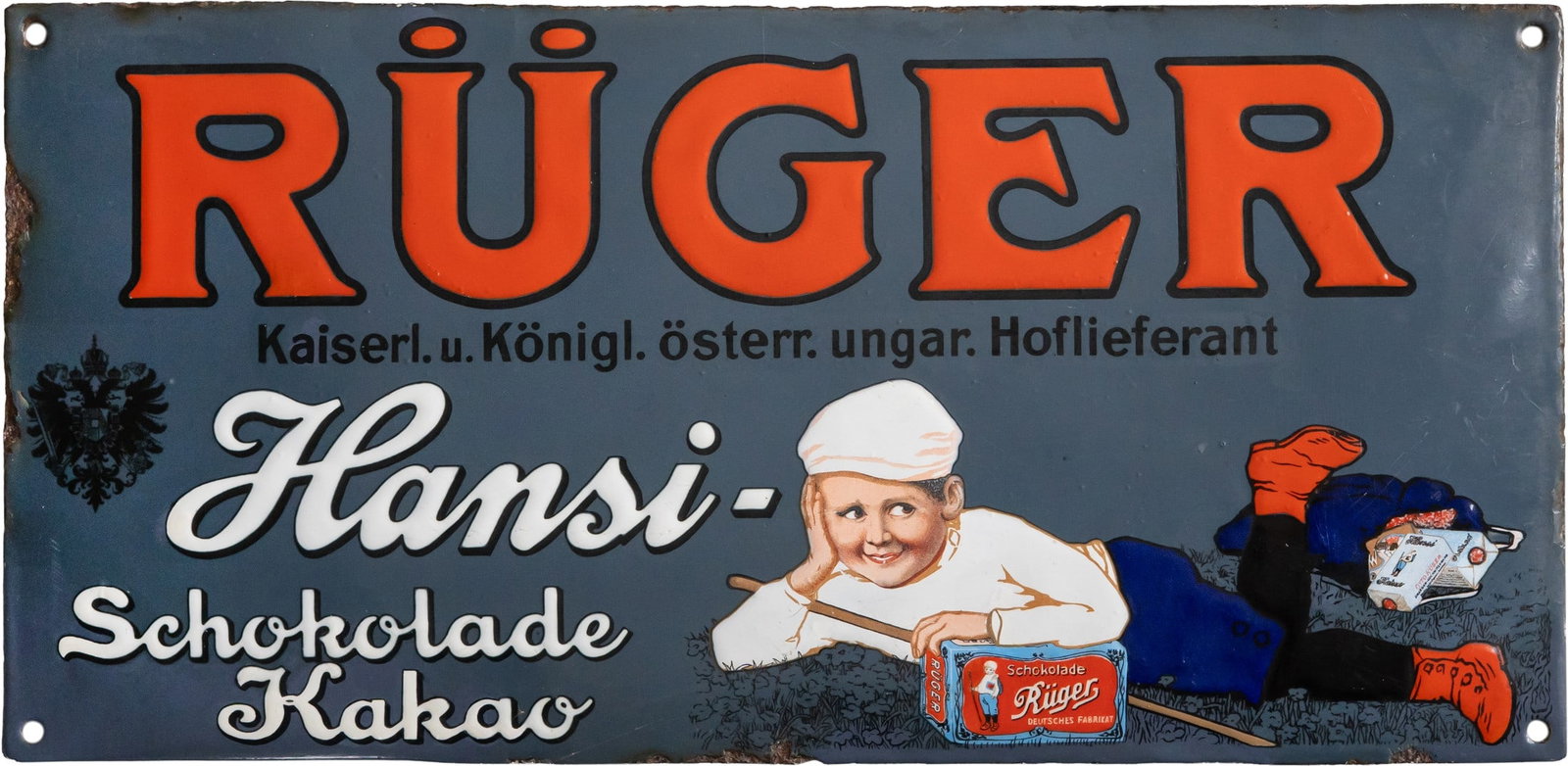 Rüger Hansi Chocolate enamel sign, Dresden, c. 1905 (R): Rüger Hansi Chocolate enamel sign, Dresden, c. 1905 (R)Rüger Hansi Chocolate enamel sign, domed, with stenciled and lithographed enamel work. Here is the rare small-format version featuring the recl