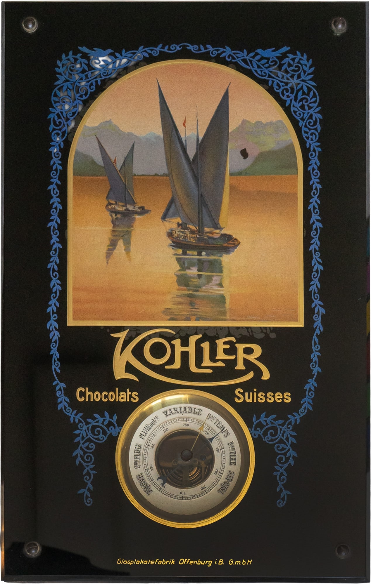 Glass sign: Kohler Chocolats Suisses Barometer, Switzerland, c. 1930 (2) (1 of 7)