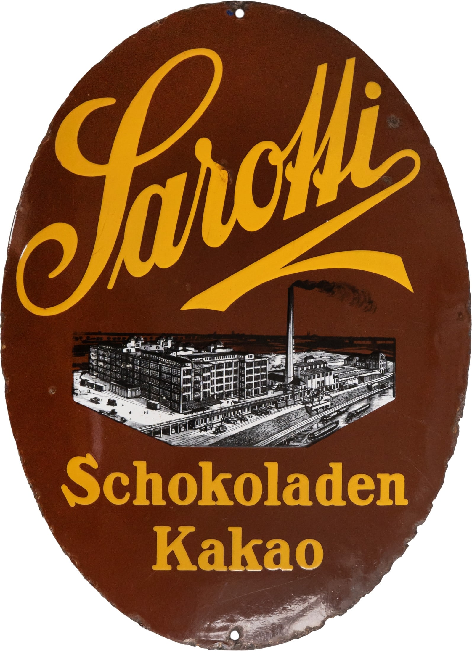 Sarotti enamel sign, chocolate, cocoa, factory view, Berlin, c. 1920 (2): Sarotti enamel sign, chocolate, cocoa, factory view, Berlin, c. 1920 (2)Sarotti enamel sign, domed, with very raised stenciled enamel work. In the few examples known to us, the finely lithographed fac