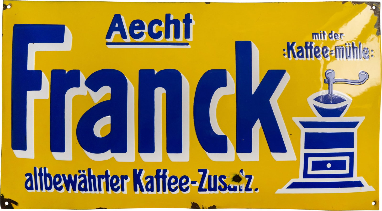 Aecht Franck enamel sign, Ludwigsburg, c. 1910 (2): Aecht Franck enamel sign, Ludwigsburg, c. 1910 (2)Aecht Franck enamel sign, domed, thick enamel coating, almost icing-like, filled, astonishingly beautiful high gloss and rich colours, hardly any supe