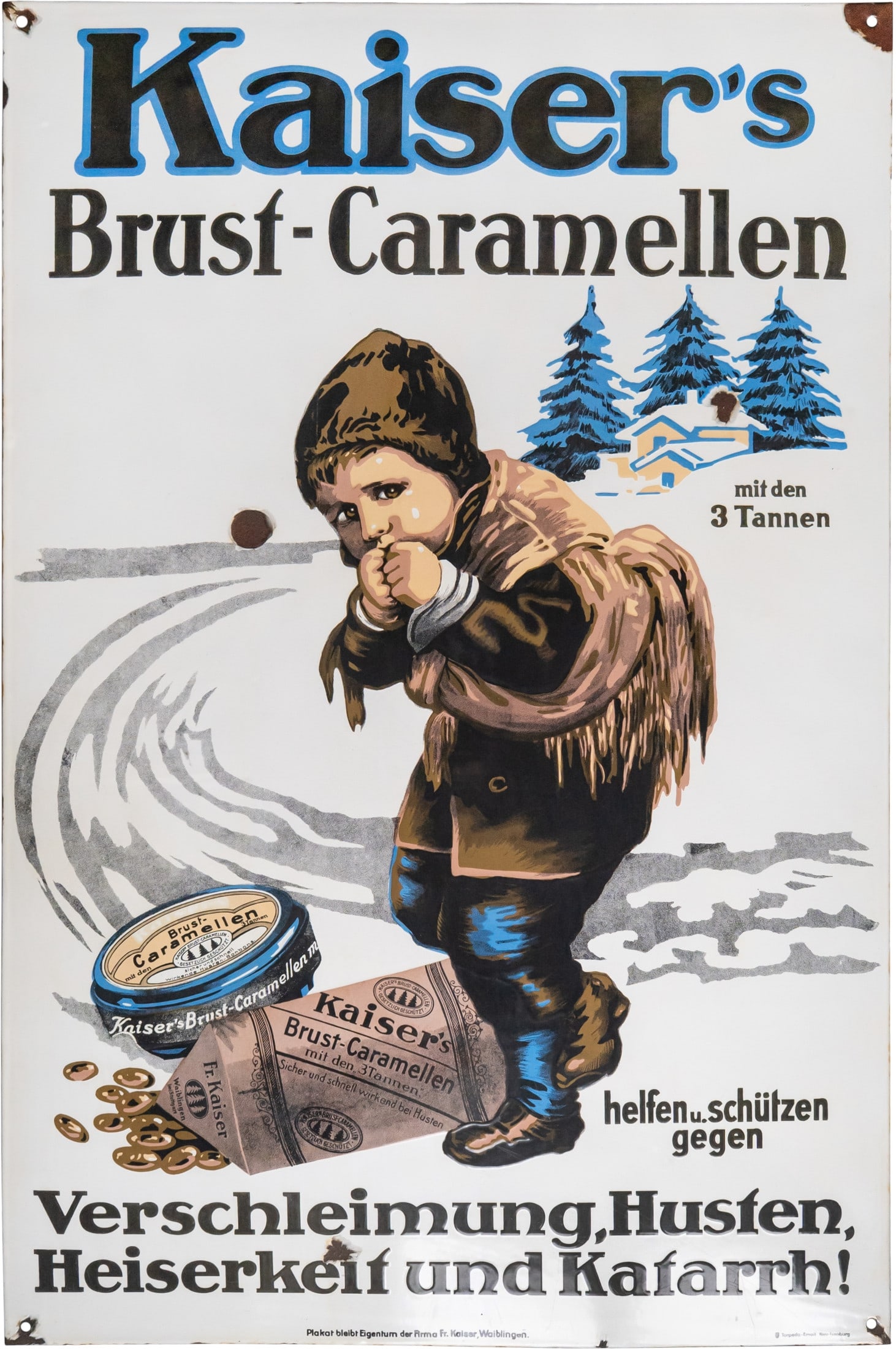 Enamel sign for Kaiser’s Brust-Caramellen, large format, Beinstein, Waiblingen, c. 1910 (2): Enamel sign for Kaiser’s Brust-Caramellen, large format, Beinstein, Waiblingen, c. 1910 (2)Enamel sign for Kaiser’s Brust-Caramellen in an extremely rare large format, flat, with bevelled edges; t