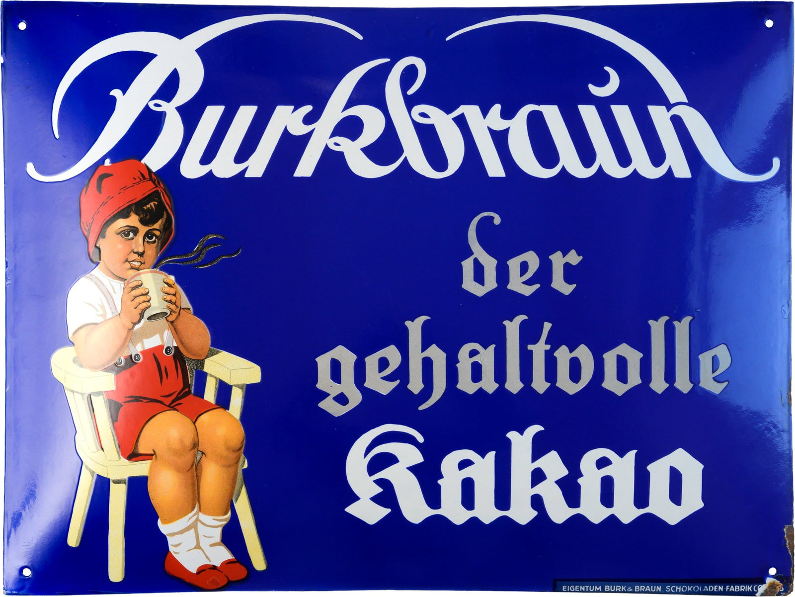 Burkbraun cocoa-coloured enamel sign, a dream of lustre and colour! Cottbus, c. 1920 (1) (1 of 7)
