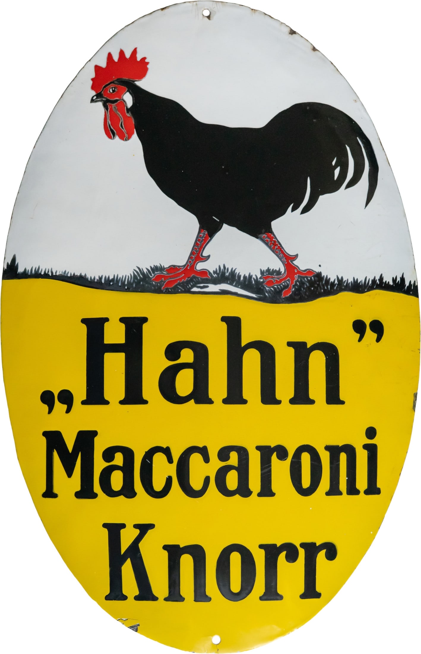 Knorr ‘Rooster’ enamel sign, Maccaroni, Heilbronn, c. 1910 (R): Knorr ‘Rooster’ enamel sign, Maccaroni, Heilbronn, c. 1910 (R)Knorr ‘Rooster’ enamel sign, domed, shaped like a hen’s egg. Stencil-enamelled, with the red applied in a icing-like finish. Rem