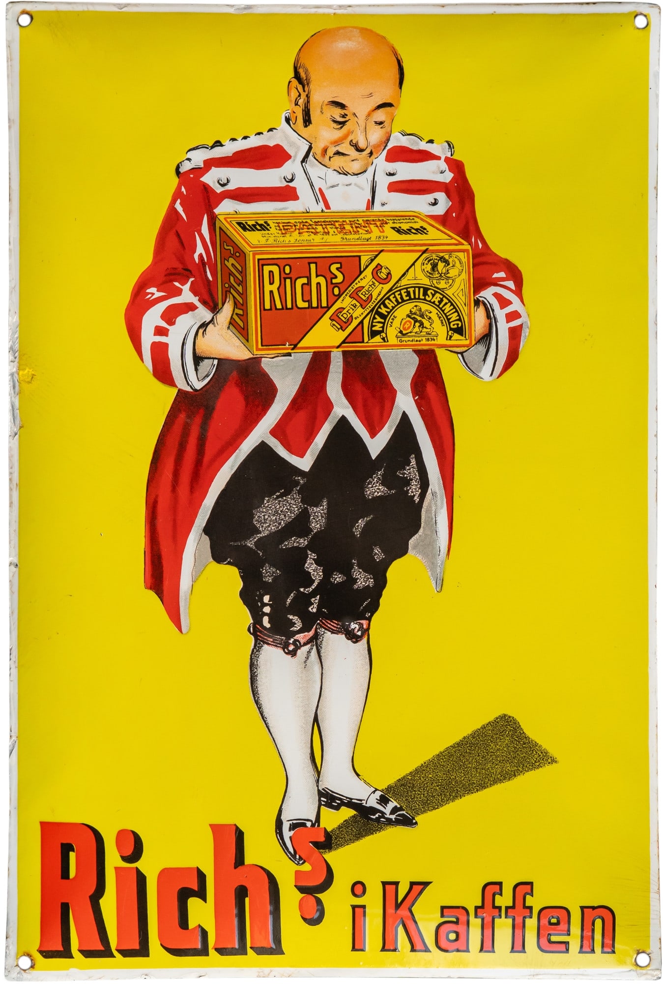 Enamel sign for Richs Kaffen, Denmark, c. 1930 (2+): Enamel sign for Richs Kaffen, Denmark, c. 1930 (2+)Enamel sign for Richs Kaffen, domed, with stenciled and lithographed enamel work. High-gloss, virtually scratch-free surface and perfect colours. The