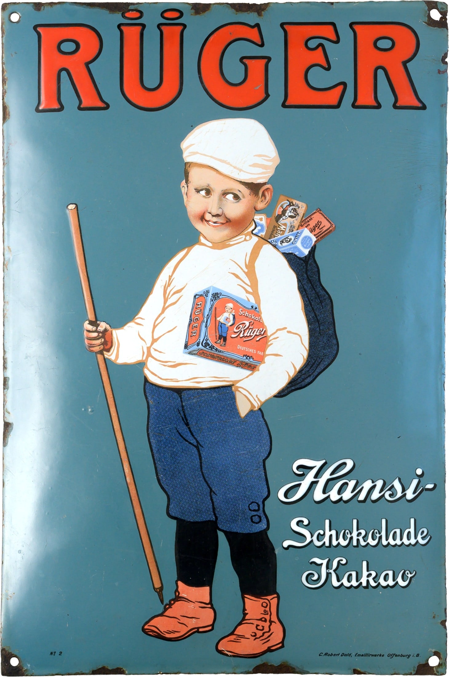 Enamel sign: Rüger Hansi Chocolate Cocoa, No. 2, Dresden, c. 1910 (2+): Enamel sign: Rüger Hansi Chocolate Cocoa, No. 2, Dresden, c. 1910 (2+)Enamel sign Rüger Hansi, domed, with very raised enamel work, partly icing-like, filled in. Rarely seen in such high quality; th