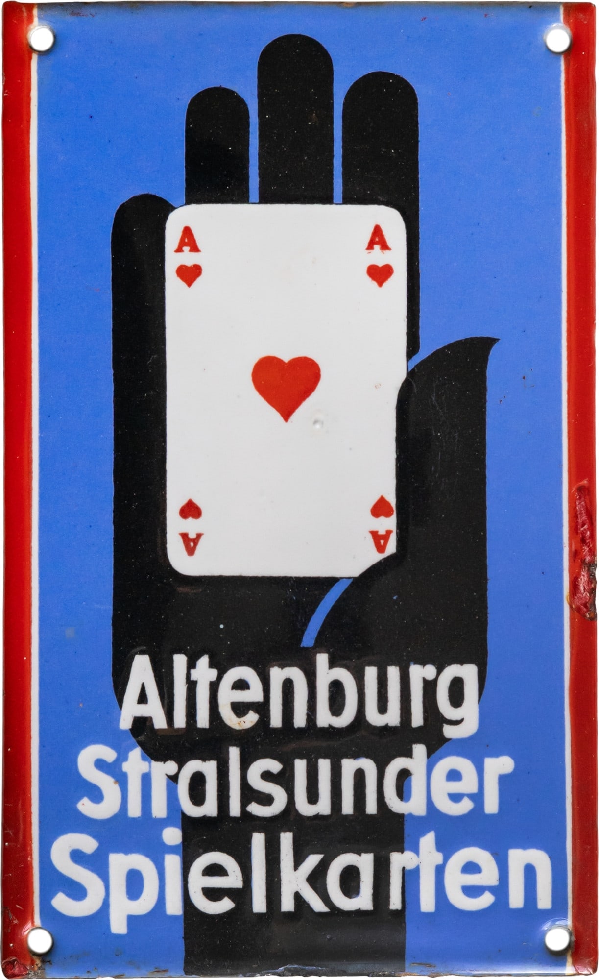 Enamel sign Altenburg, Stralsund playing cards, Altenburg circa 1930 (1-): Enamel sign Altenburg, Stralsund playing cards, Altenburg circa 1930 (1-)Enamel sign Altenburg, Stralsund playing cards, slightly convex. Enamel stenciled and printed. High-gloss, virtually scratch-fr