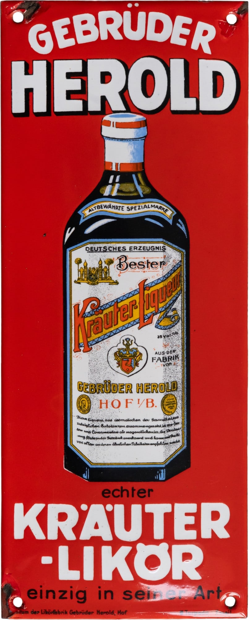 Enamel sign by Gebrüder Herold, Hof in Bavaria, circa 1920 (1-): Enamel sign by Gebrüder Herold, Hof in Bavaria, circa 1920 (1-)Enamel sign by Gebrüder Herold, slightly convex, enamel applied using stencils and lithographs. Stunning high gloss and perfect colors,