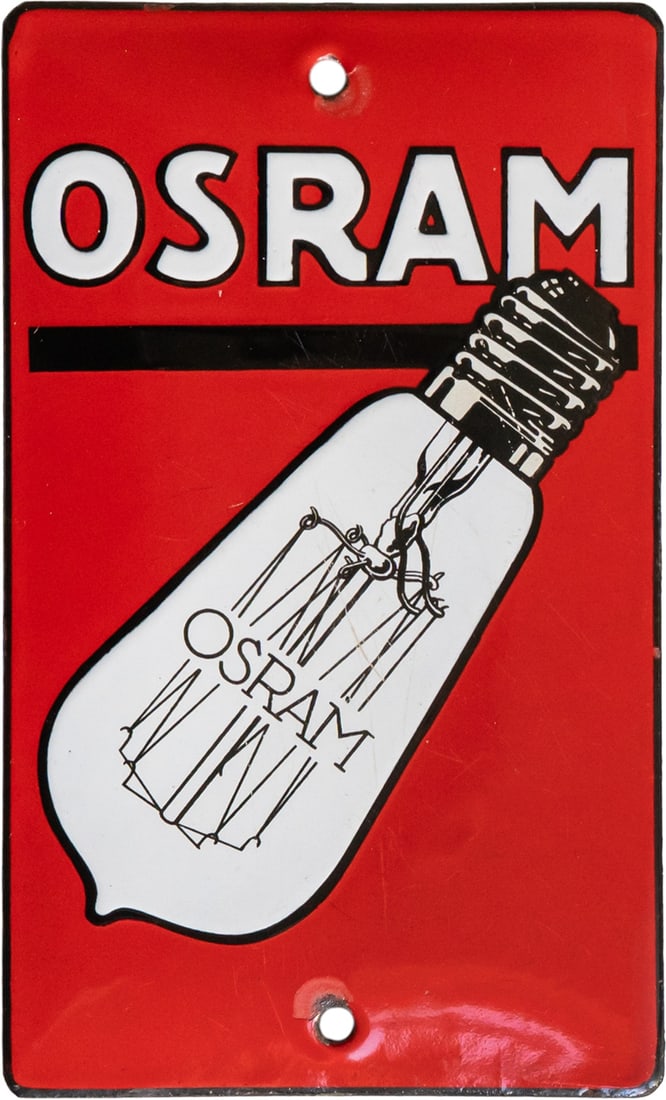 Osram Enamel Sign, Pointed Lightbulb, Berlin circa 1920 (1-): Osram Enamel Sign, Pointed Lightbulb, Berlin circa 1920 (1-)Osram enamel sign, slightly convex, raised enamel lettering, icing-like, filled in, the lightbulb is stenciled and printed over. High-gloss 