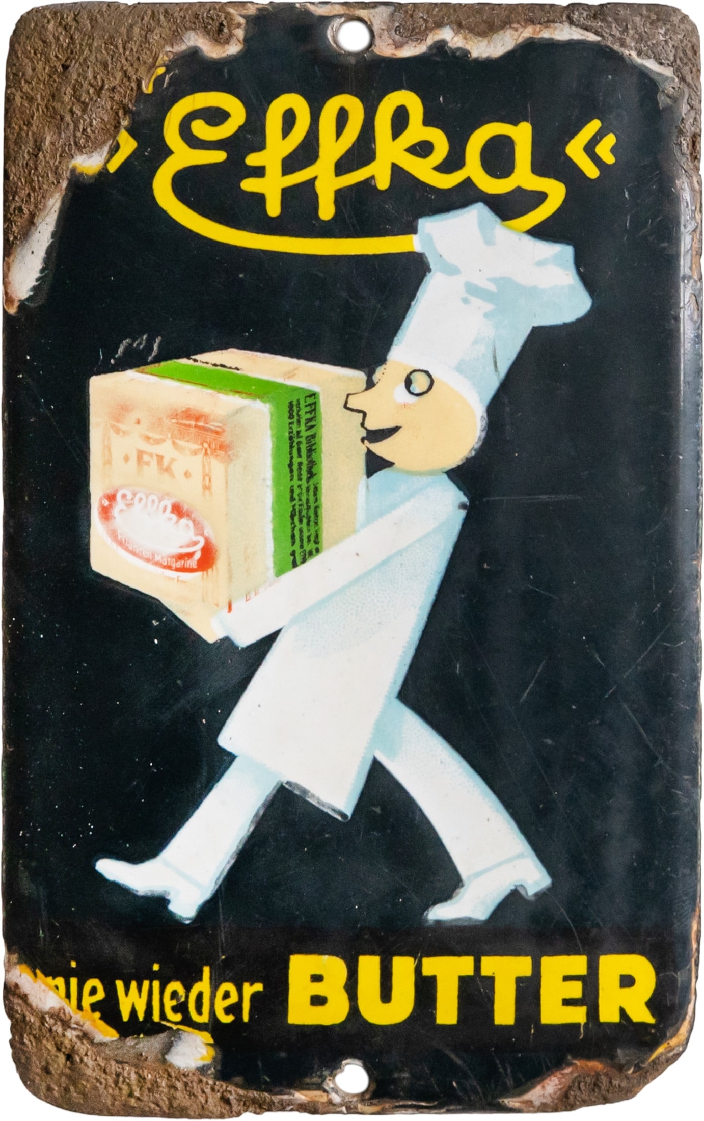 Enamel sign, door sign, Effka Margarine, Hamburg-Bahrenfeld, circa 1920 (3): Enamel sign, door sign, Effka Margarine, Hamburg-Bahrenfeld, circa 1920 (3)Effka Margarine enamel sign "Never again butter," slightly convex, stenciled enamel with fine lithography. This is the only k