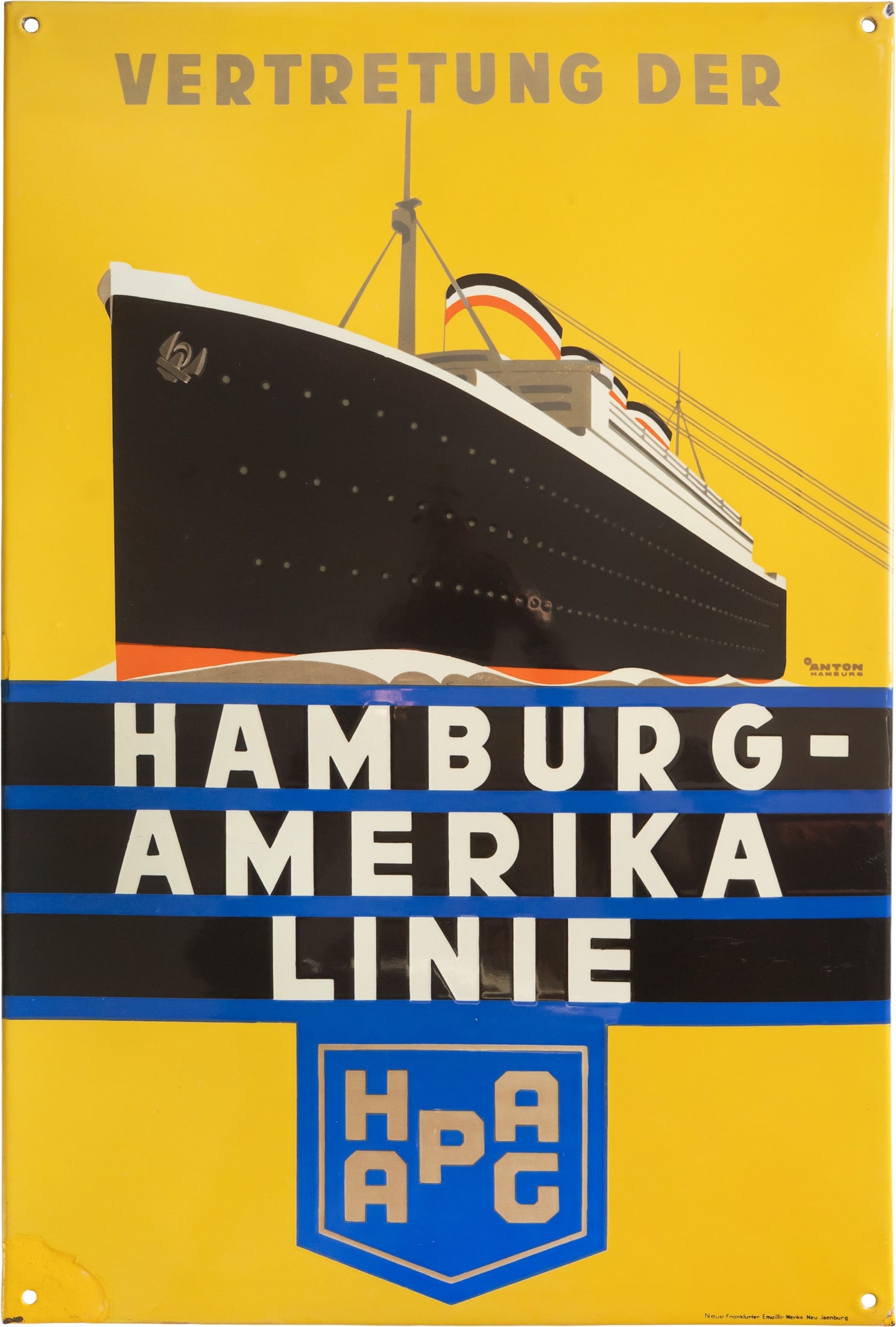HAPAG enamel sign, signed "Anton", a dazzling display of colour! Hamburg, c. 1920 (2+): HAPAG enamel sign, signed "Anton", a dazzling display of colour! Hamburg, c. 1920 (2+)Hamburg-America Line enamel sign, HAPAG, flat, bevelled, with stenciled and lithographed enamel work. It is astoni
