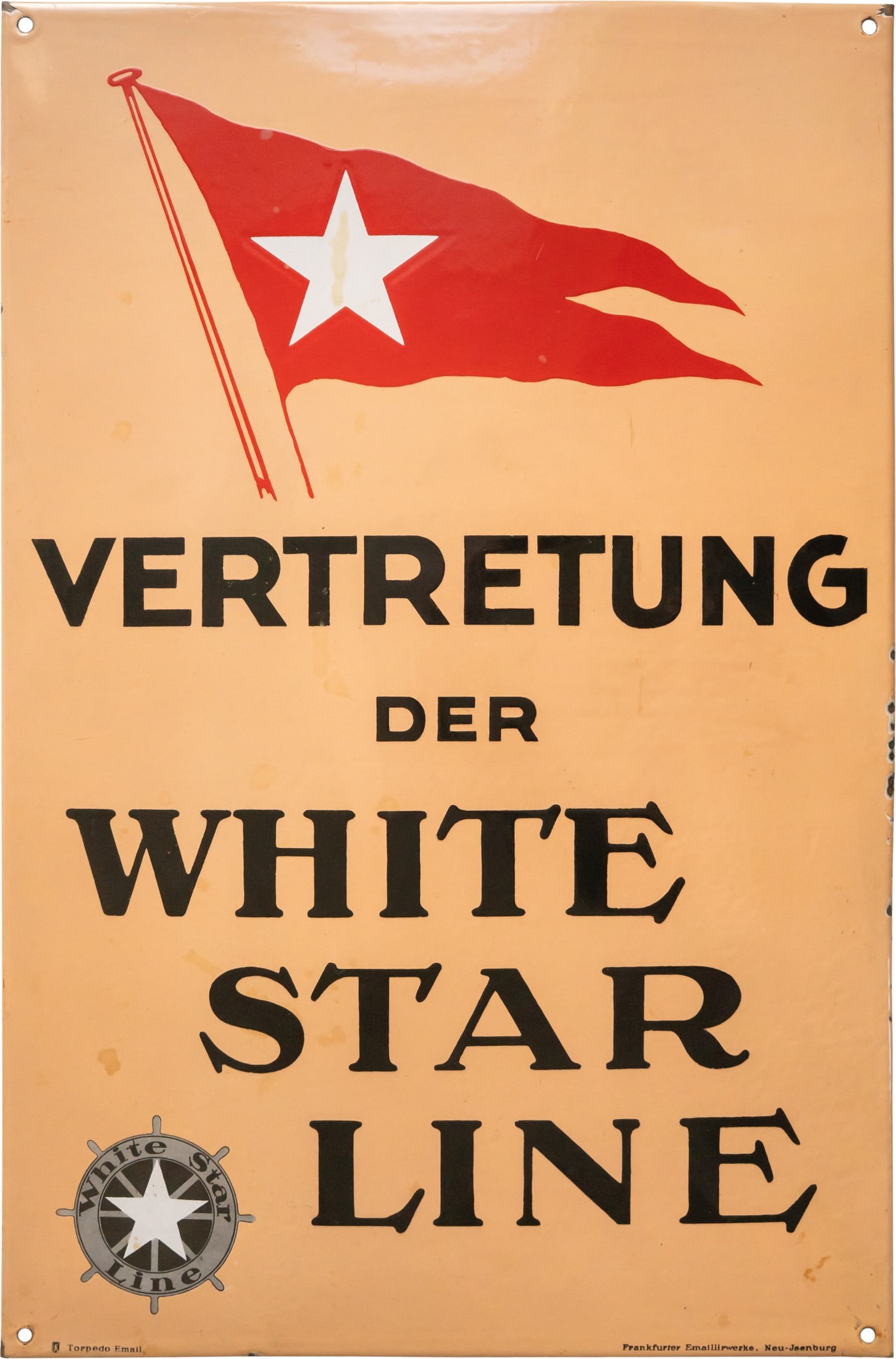 White Star Line enamel sign, Germany, Liverpool, c. 1910 (1-): White Star Line enamel sign, Germany, Liverpool, c. 1910 (1-)White Star Line enamel sign, flat, bevelled, with stenciled and lithographed enamel work. This is one of the finest of the few examples kno