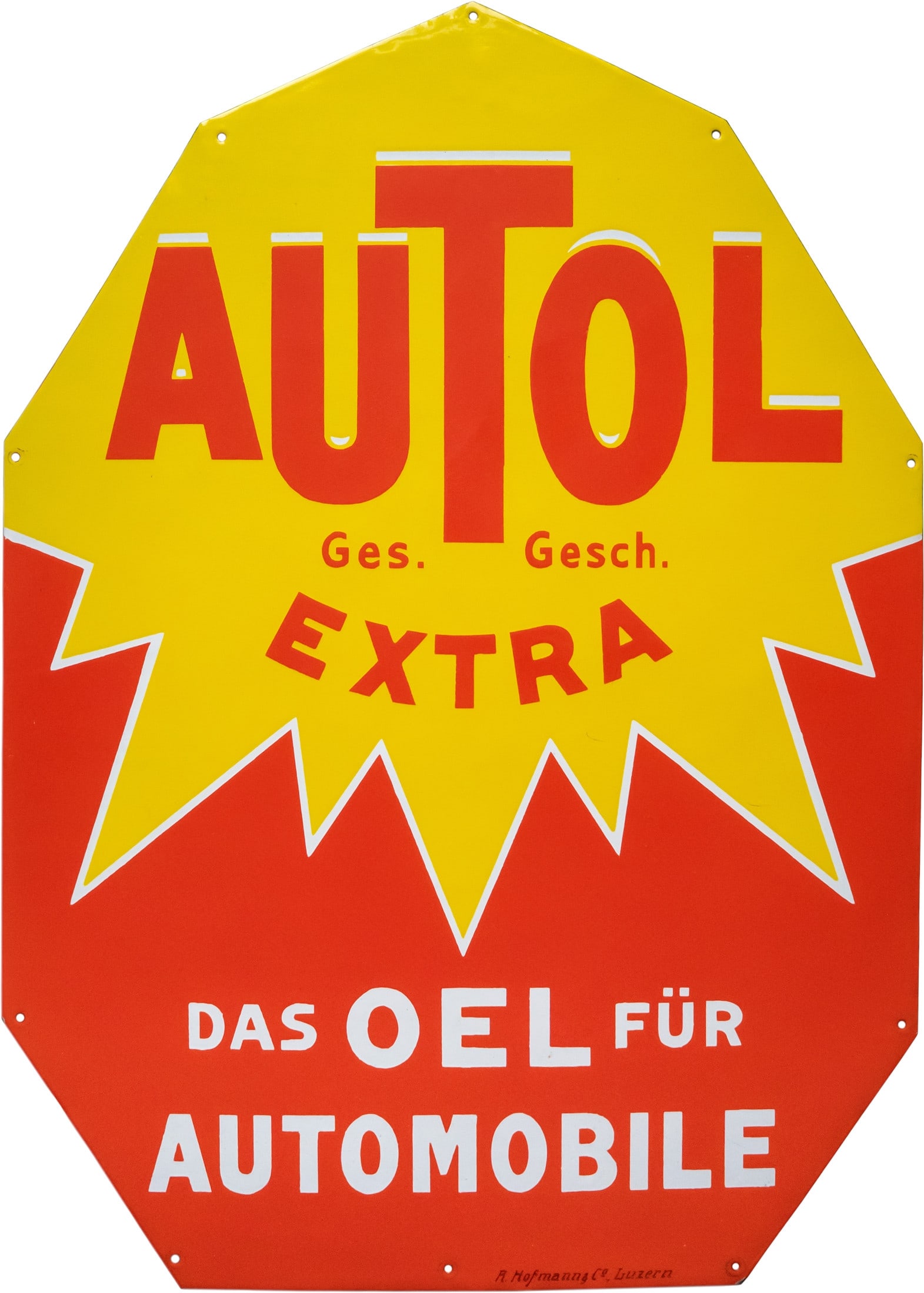 Enamel sign Autol motor oil, in perfect condition! Switzerland, circa 1930 (1+): Enamel sign Autol motor oil, in perfect condition! Switzerland, circa 1930 (1+)Flat Autol enamel sign, stenciled enamel. High-gloss surface, bright colours, almost scratch-free. Handwritten manufactur