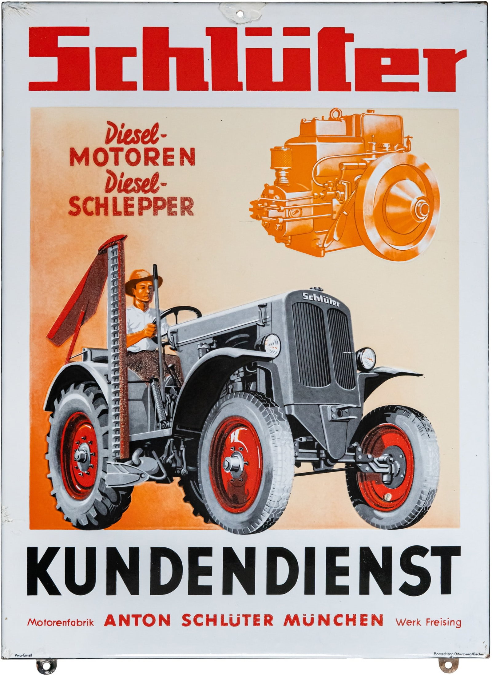Enamel sign Schlüter Tractors, Munich, Freising, circa 1950 (2) (1 of 7)