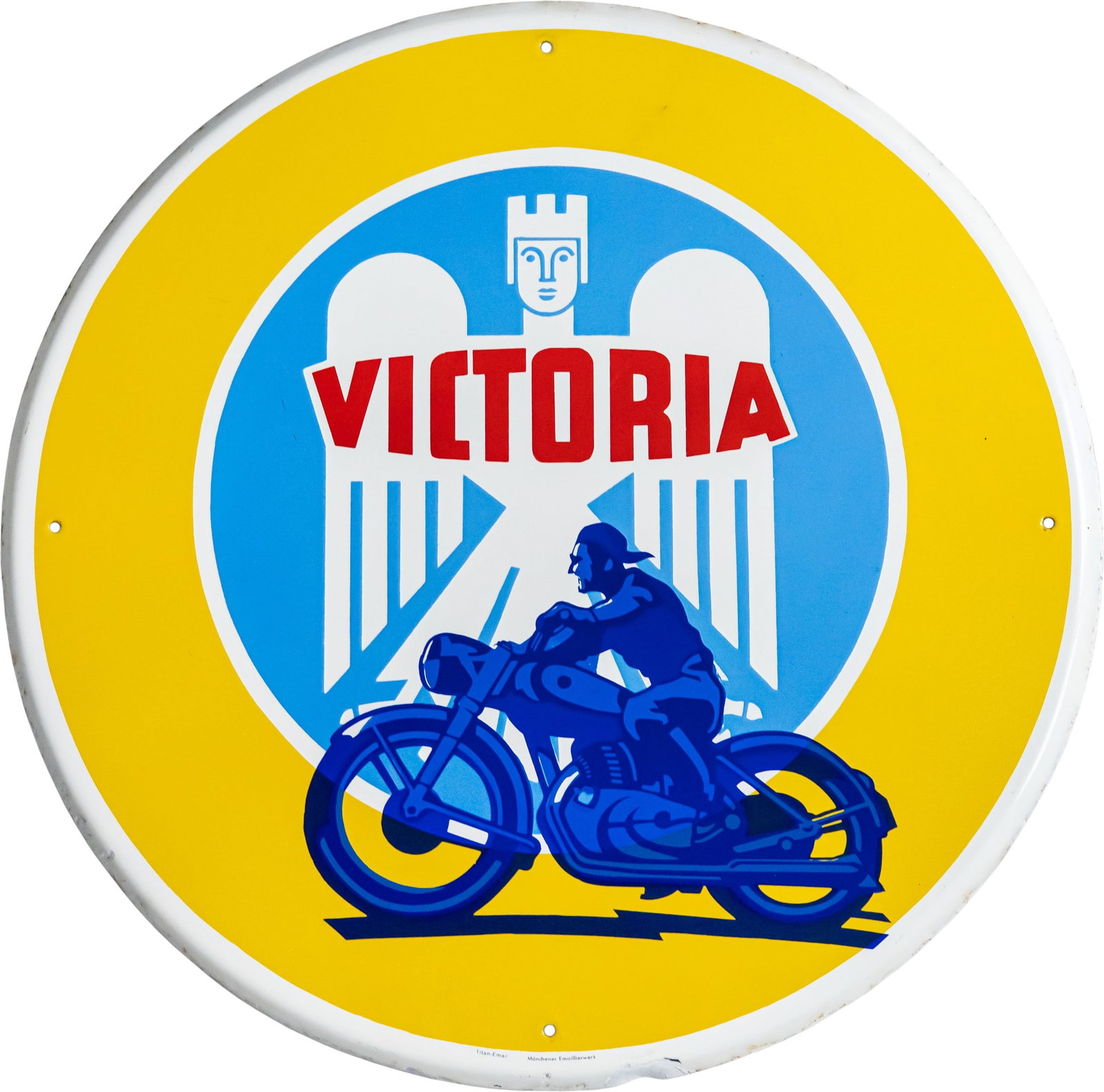 Enamel sign Victoria Motorcycles, dreamlike shine! Nuremberg, circa 1930 (1-): Enamel sign Victoria Motorcycles, dreamlike shine! Nuremberg, circa 1930 (1-)Flat enamel sign, bevelled edges all around. Enamelling done with stencils. High-gloss, almost scratch-free surface and bri