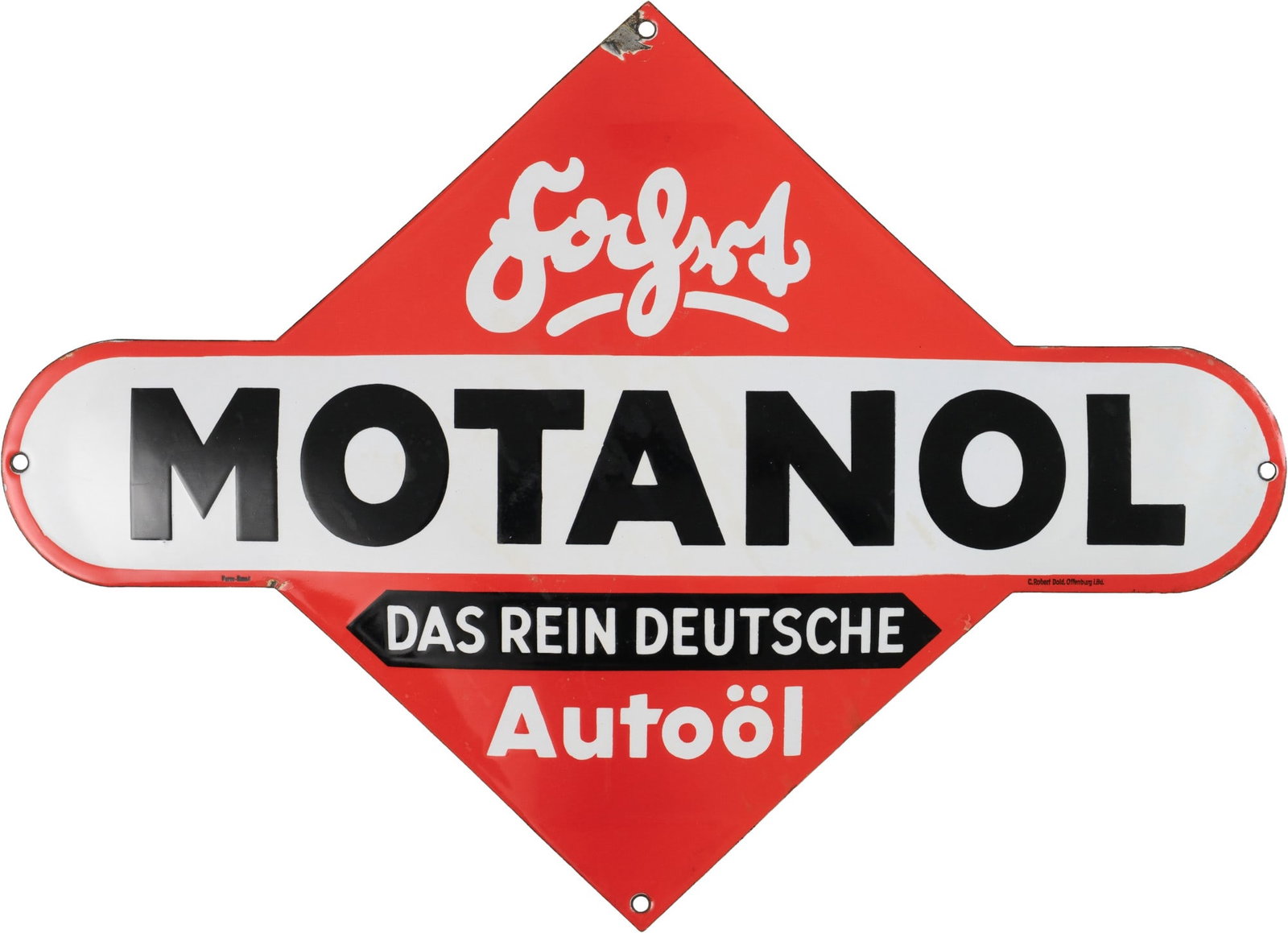 Enamel sign "Motanol, the German car oil," circa 1920 (2+): Enamel sign "Motanol, the German car oil," circa 1920 (2+)Motanol enamel sign, convex, stenciled enamel. Very good gloss, intense red, hardly any superficial scratches, some streaks in the satin finis