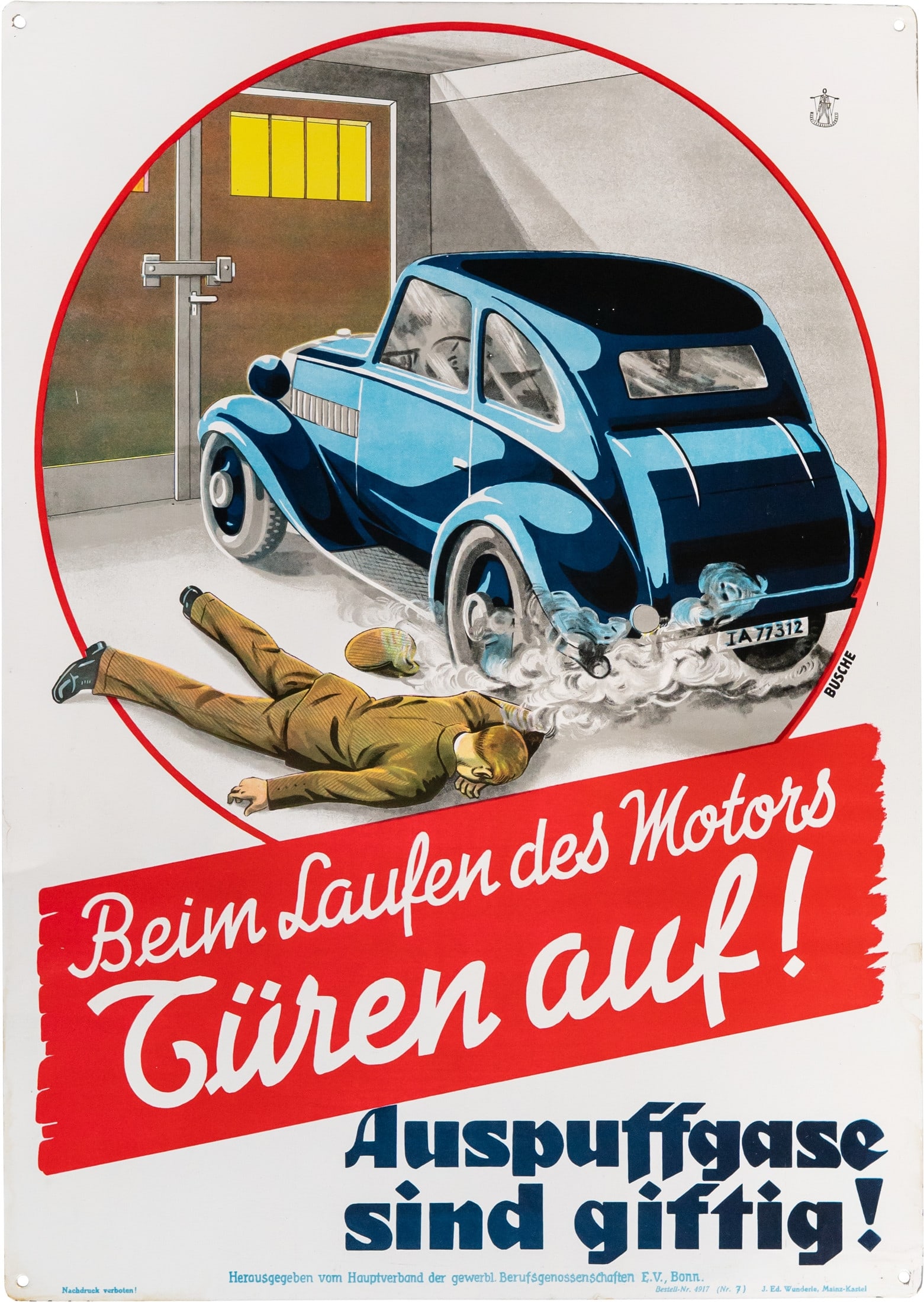 Tin sign: ‘Open doors, exhaust fumes!’ In mint condition, circa 1930 (1+) (1 of 7)