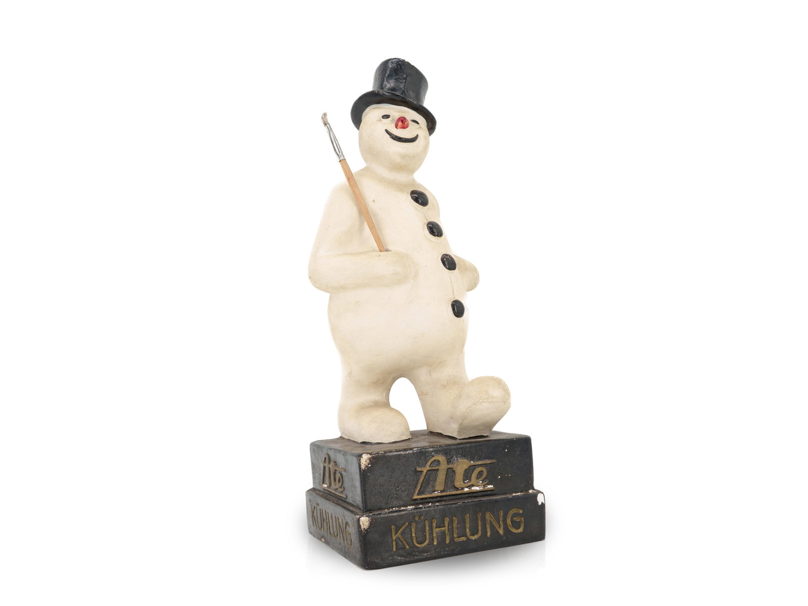 Ate promotional figurine, Frankfurt am Main, c. 1950 (2): Ate promotional figurine, Frankfurt am Main, c. 1950 (2)A charming promotional figurine from the Ate company. The snowman strides leisurely towards the viewer with a smile on his face. Black base with