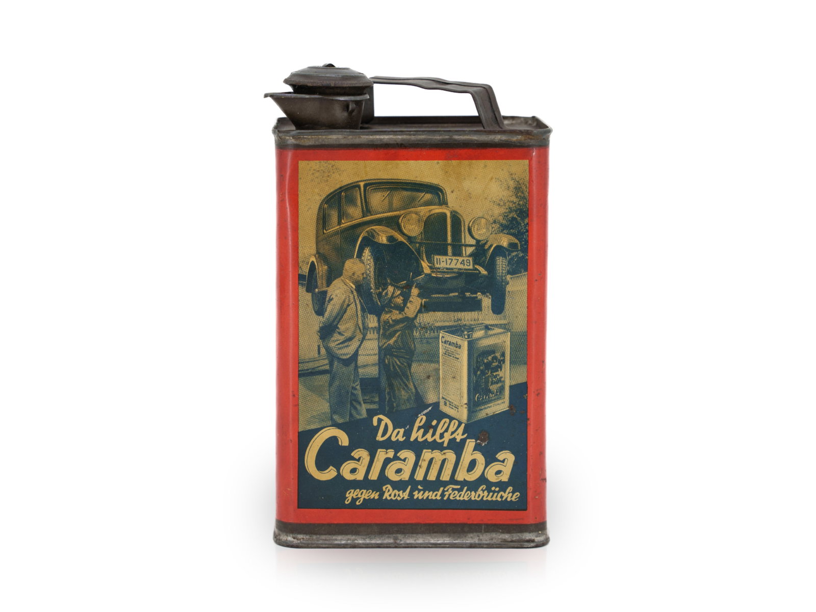 Caramba oil can, automotive oil can, mint condition, Dresden circa 1940 (1): Caramba oil can, automotive oil can, mint condition, Dresden circa 1940 (1)Caramba tin, lithographed. Excellent color vibrancy, rare in this condition. Inscription: "Caramba helps against rust and bro
