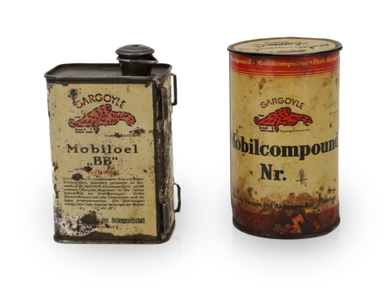 Two Gargoyle oil cans, Mobiloel "BB" and No. 4, Hamburg, circa 1930 (3) (1 of 12)