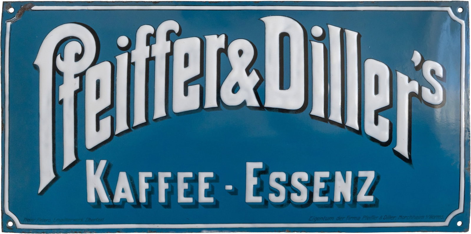 Enamel sign Pfeiffer & Dillers, Coffee Essence, Dreamlike Shine! Worms circa 1910 (1): Enamel sign Pfeiffer & Dillers, Coffee Essence, Dreamlike Shine! Worms circa 1910 (1)Enamel sign Pfeiffer & Dillers, convex, the white enamel lettering beautifully raised and set like icing. Shading i