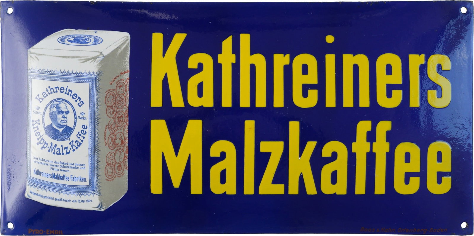 Kathreiners Enamel Sign, Dreamlike Gloss and Colors, Munich circa 1920 (1+): Kathreiners Enamel Sign, Dreamlike Gloss and Colors, Munich circa 1920 (1+)Kathreiners Malt Coffee enamel sign, convex, enamel stenciled and lithographed. Impressive high gloss and vibrant red, which 