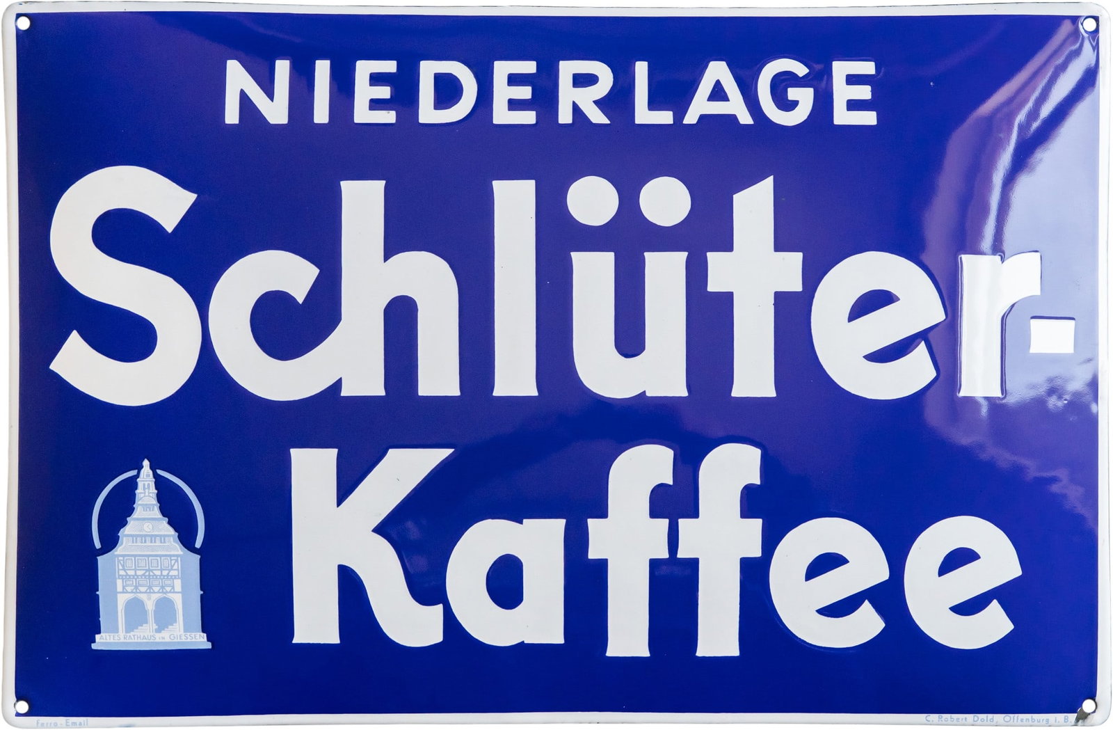 Schlüter Coffee enamel sign, in mint condition! Gießen, circa 1920 (1+): Schlüter Coffee enamel sign, in mint condition! Gießen, circa 1920 (1+)Schlüter Coffee enamel sign, domed, with stenciled and lithographed enamel work. Freshly fired, glossy, absolutely scratch-fre