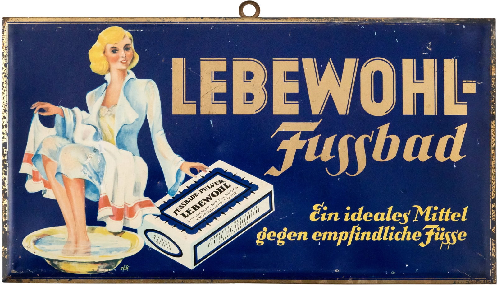 Metal sign for ‘Lebewohl’ foot bath powder, Dresden, c. 1930 (2) (1 of 7)