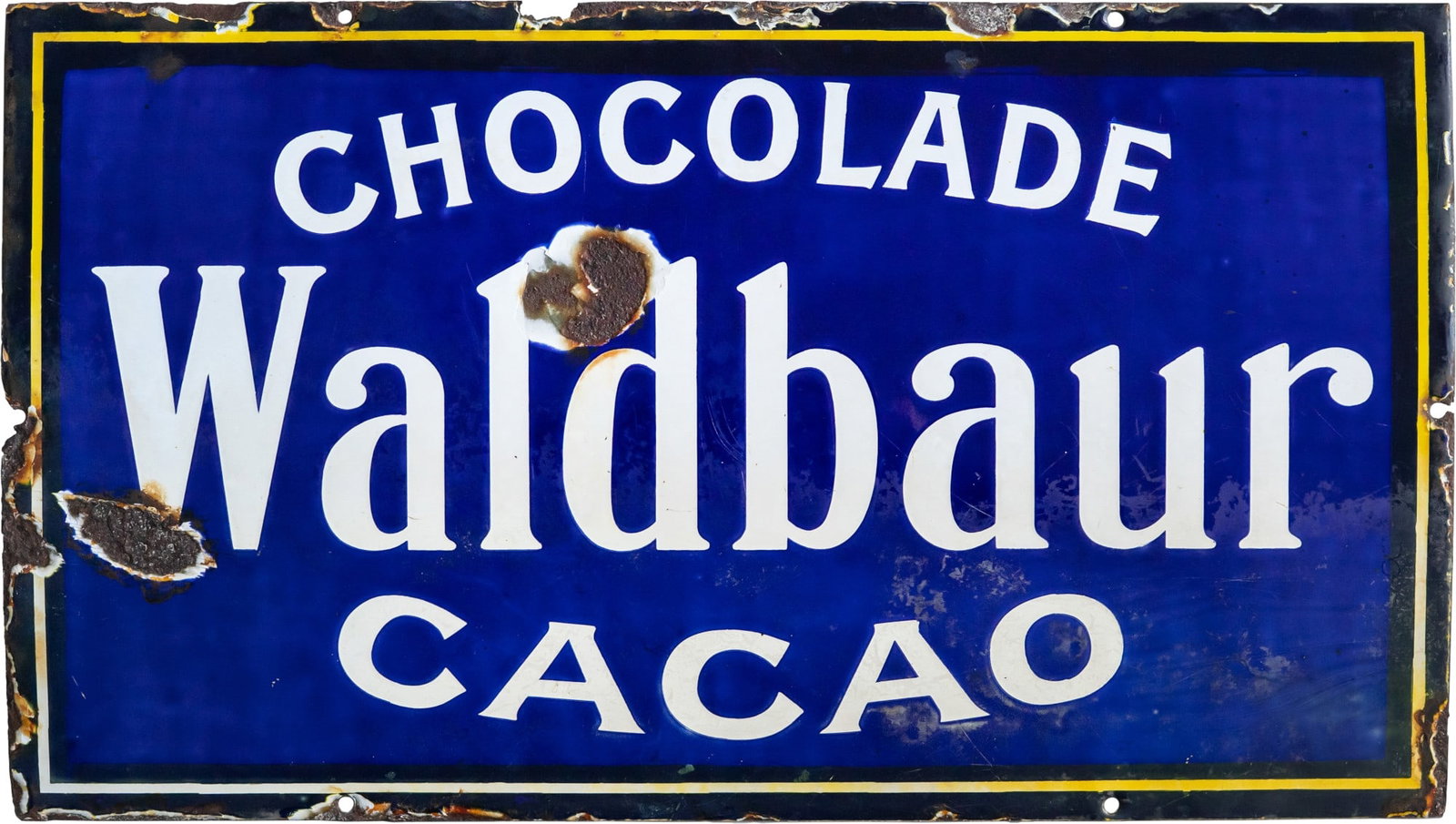 Waldbaur Chocolate Enamel Sign, Stuttgart, circa 1900 (3-): Waldbaur Chocolate Enamel Sign, Stuttgart, circa 1900 (3-)Waldbaur Cocoa Enamel Sign, flat, stenciled enamel. Good gloss and rich colors, surface with fine scratches, mostly lower half with a satin fi