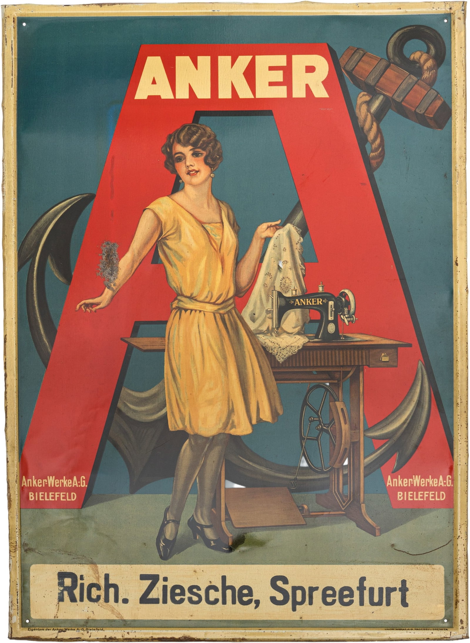 Metal sign for Anker sewing machines, Bielefeld, c. 1920 (2+): Metal sign for Anker sewing machines, Bielefeld, c. 1920 (2+)Metal sign for Anker sewing machines, flat, embossed edges, lithographed. Impressive colour vibrancy, hardly any superficial scratches. Ins
