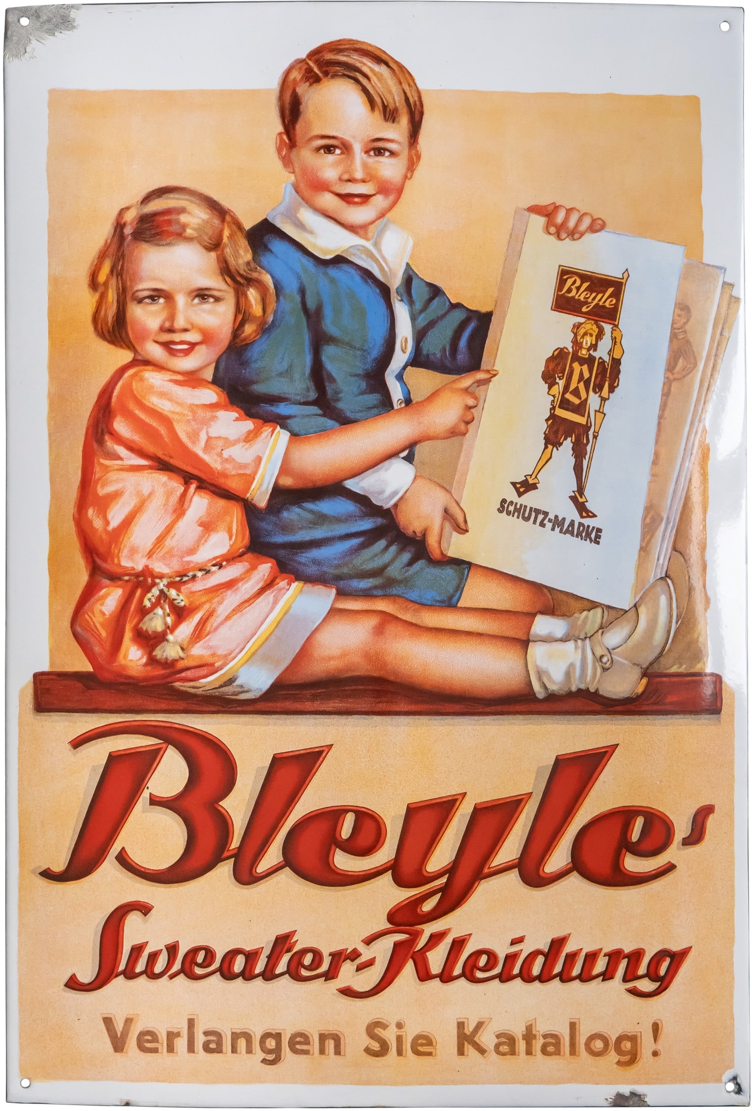 Enamel sign for Bleyle clothing, Traumglanz! Stuttgart, circa 1930 (1-): Enamel sign for Bleyle clothing, Traumglanz! Stuttgart, circa 1930 (1-)Enamel sign for Bleyle clothing, flat, bevelled edges, stenciled and lithographed enamel. High glossy, almost scratch-free surfac