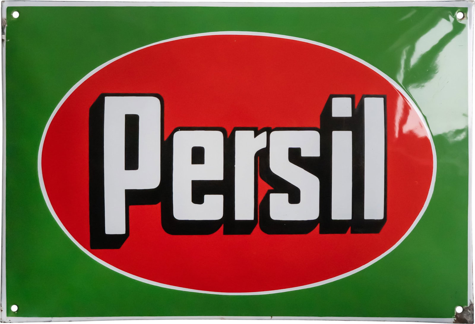 Persil enamel sign, rare small format, Düsseldorf, c. 1930 (1): Persil enamel sign, rare small format, Düsseldorf, c. 1930 (1)Persil enamel sign, domed, stenciled enamel. This is the rare small format measuring 33 x 48 cm. Excellent lustre and rich colours, minim