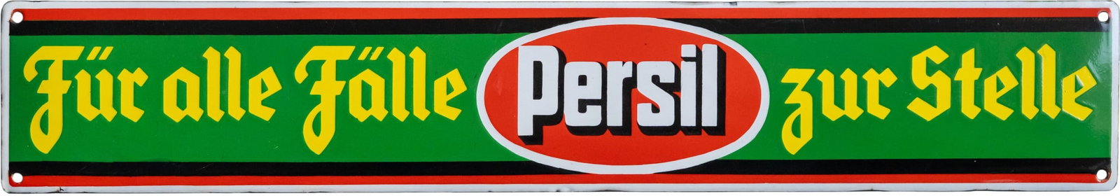 Persil enamel sign, Düsseldorf, c. 1930 (1): Persil enamel sign, Düsseldorf, c. 1930 (1)Persil enamel sign, domed, stenciled. Excellent gloss and rich colours, with slight, barely visible micro-scratches. Dimensions approx.: 65 cm x 11 cm. No r