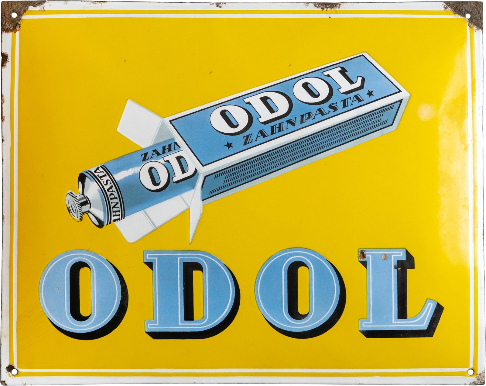 Odol toothpaste enamel sign, Dresden, c. 1920 (2): Odol toothpaste enamel sign, Dresden, c. 1920 (2)Odol toothpaste enamel sign, domed. Enamelling applied using stencils and lithography. Colours in very good condition, good gloss, superficial micro-sc